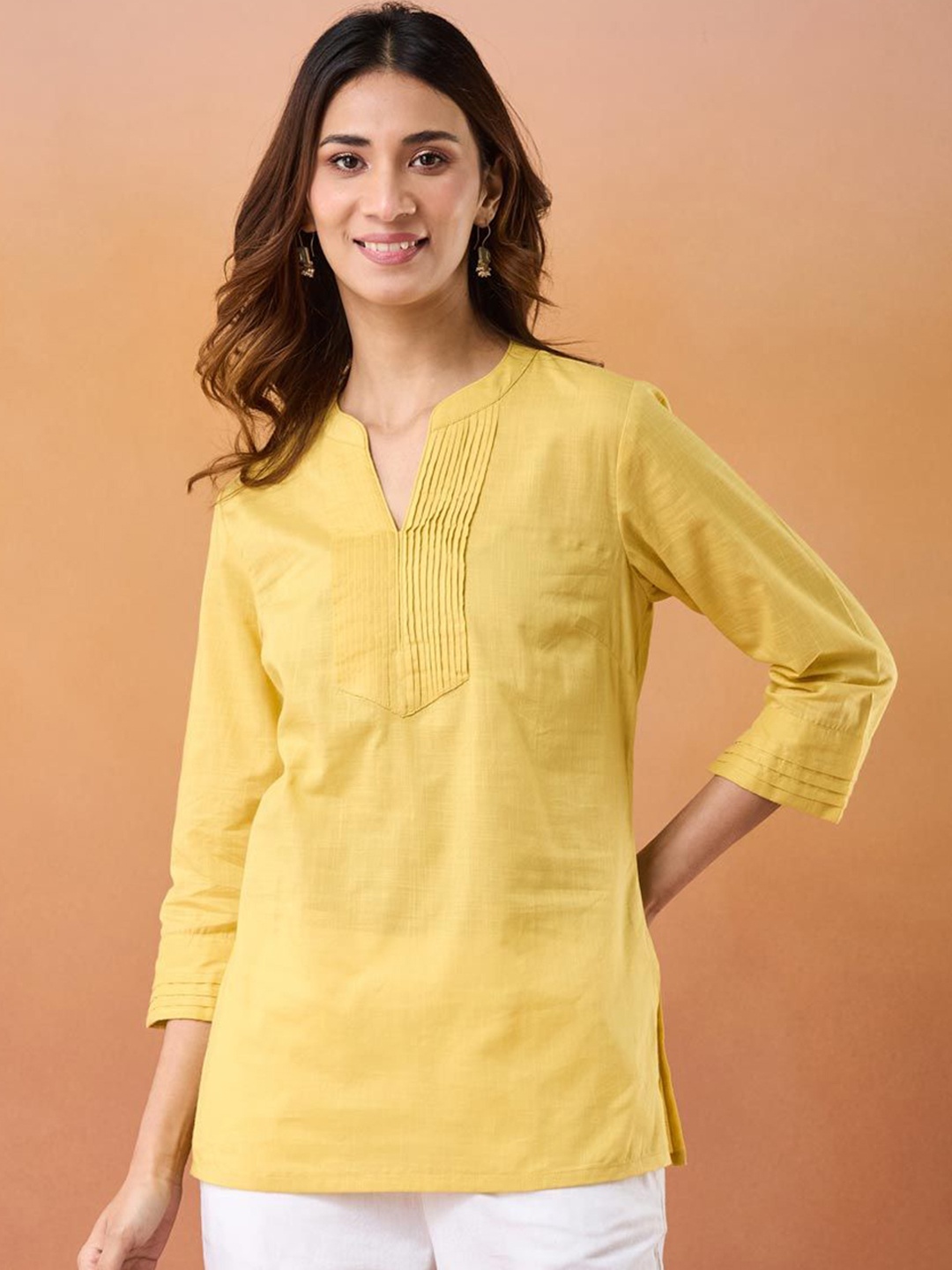 

Fabindia Mandarin Collar Pin Tucks Cotton Straight Kurta, Yellow
