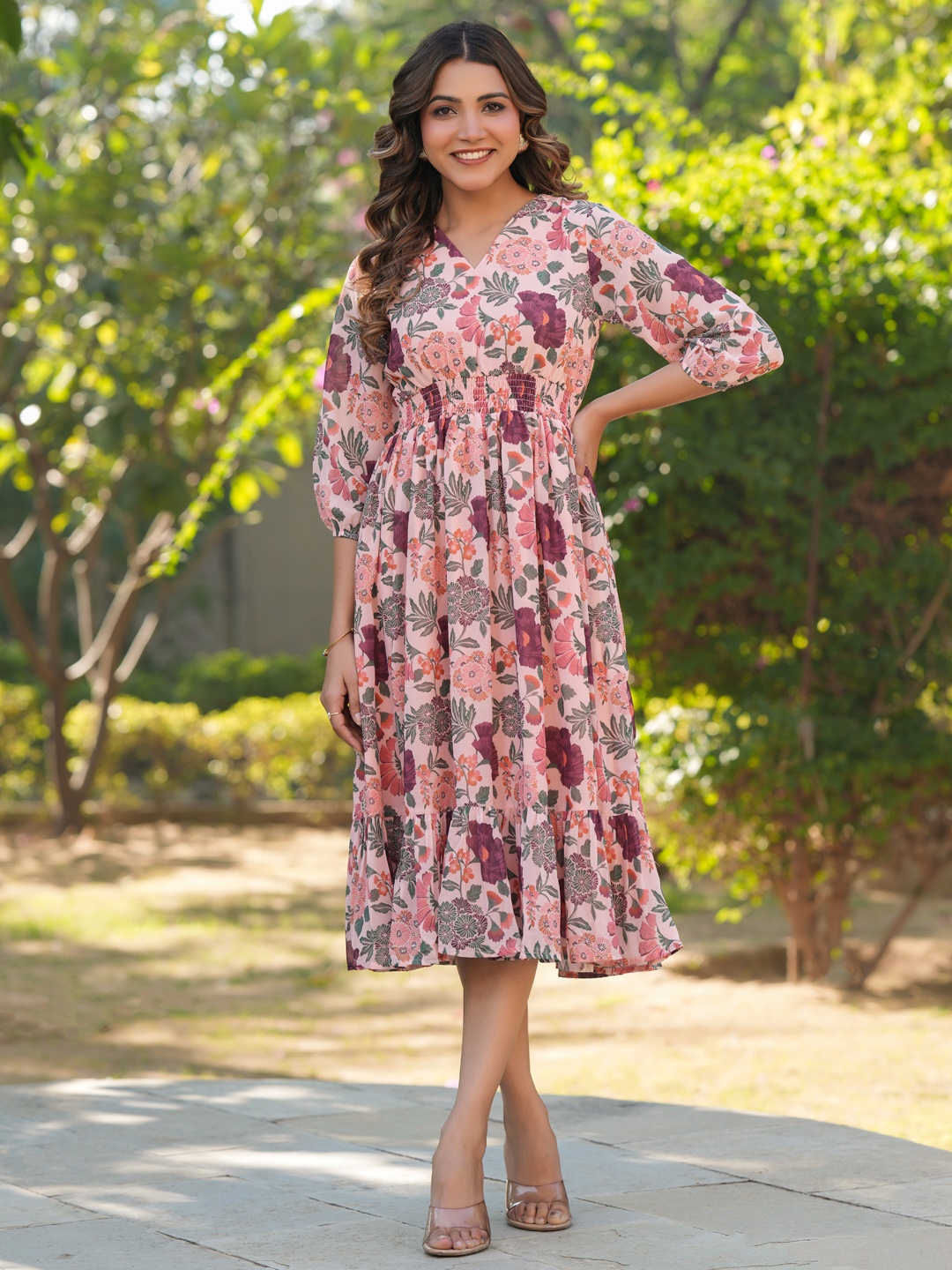 

Janasya Women Peach Georgette Floral Printed Fit & Flare Dress