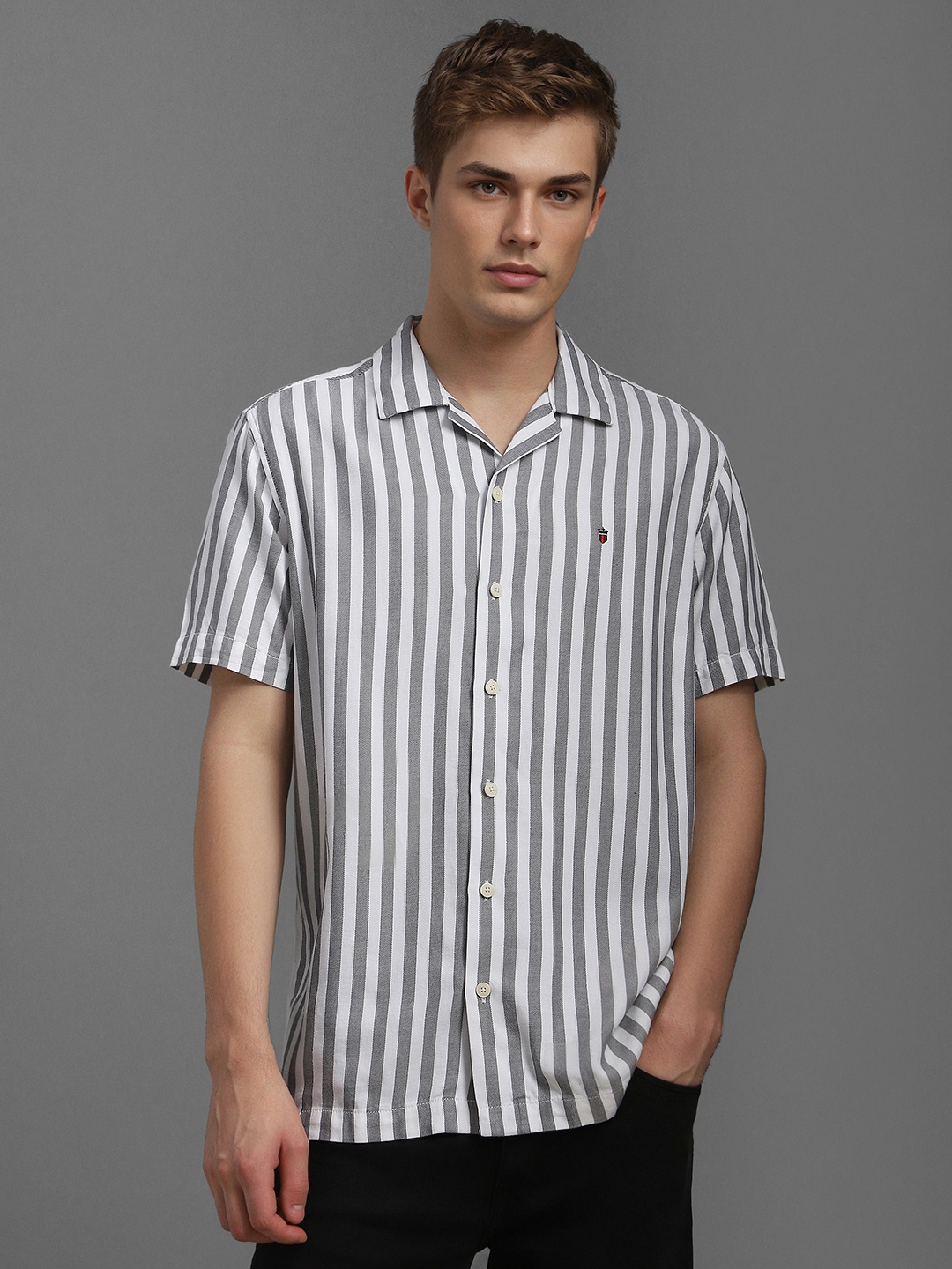 

Louis Philippe Jeans Men Cuban Collar Vertical Striped Cotton Casual Shirt, White