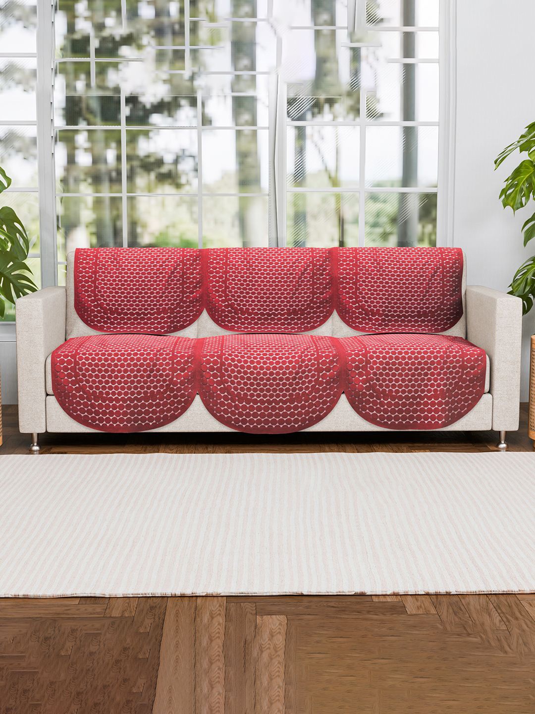 

Kuber Industries Maroon & White 6 Pieces Self Design Cotton 3 Seater Sofa Covers