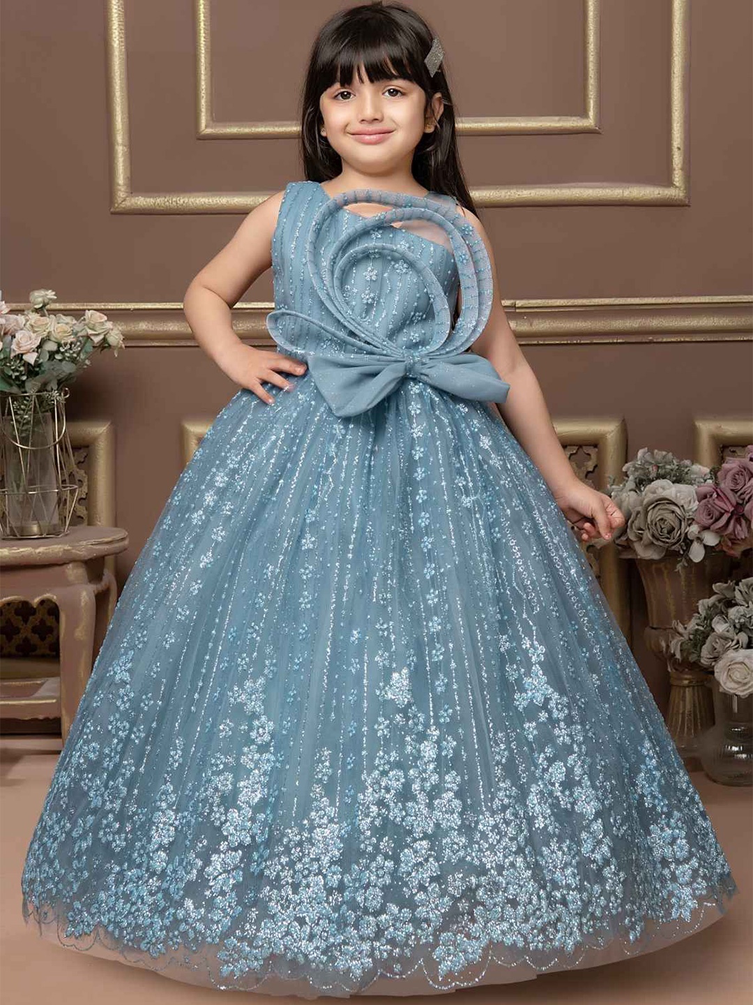 

Lagorii Girls Bow Embellished Asymmetric Neck Net Fit & Flare Maxi Dress, Blue