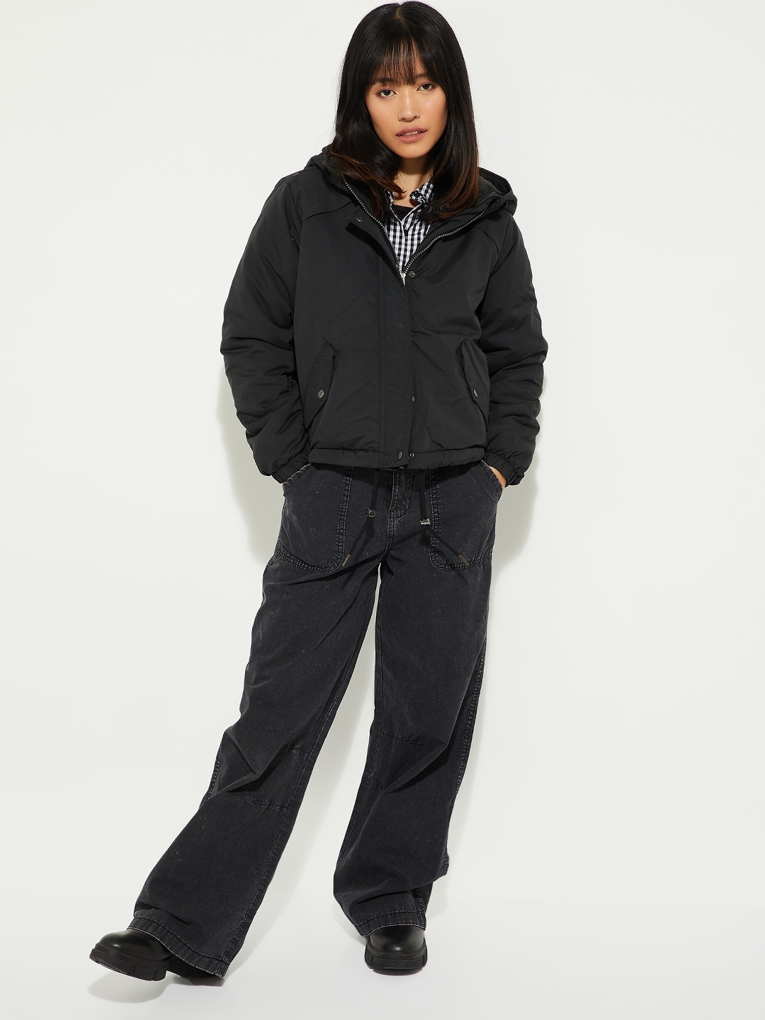 

max Women Hooded Solid Casual Bomber Jacket, Black