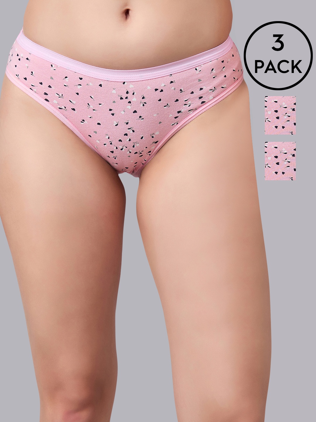 

SIMOH Pack Of 3 Printed Mid-Rise Basic Briefs, Pink