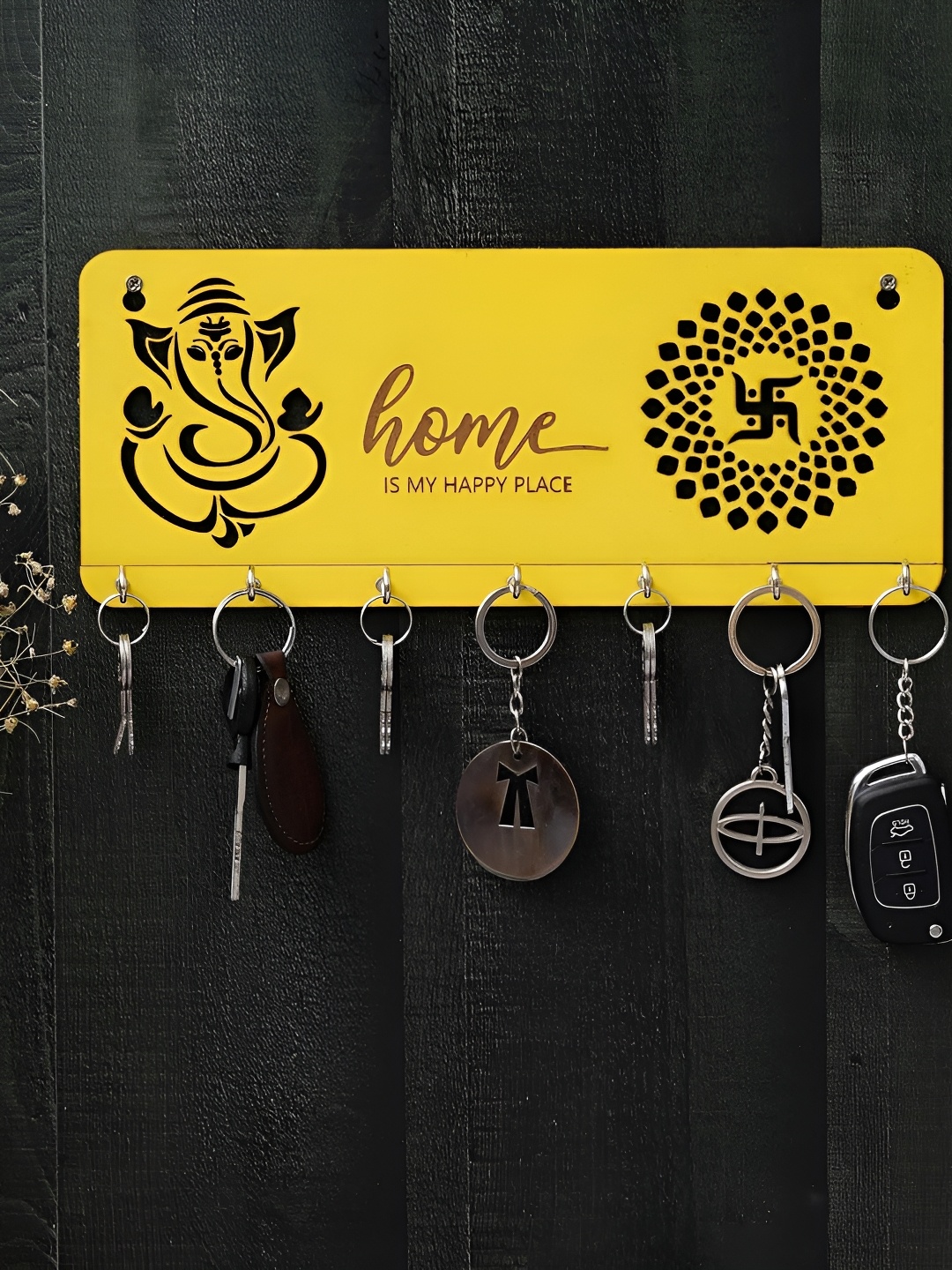 

Webelkart Yellow & Brown Happy Place Wooden Key Holder