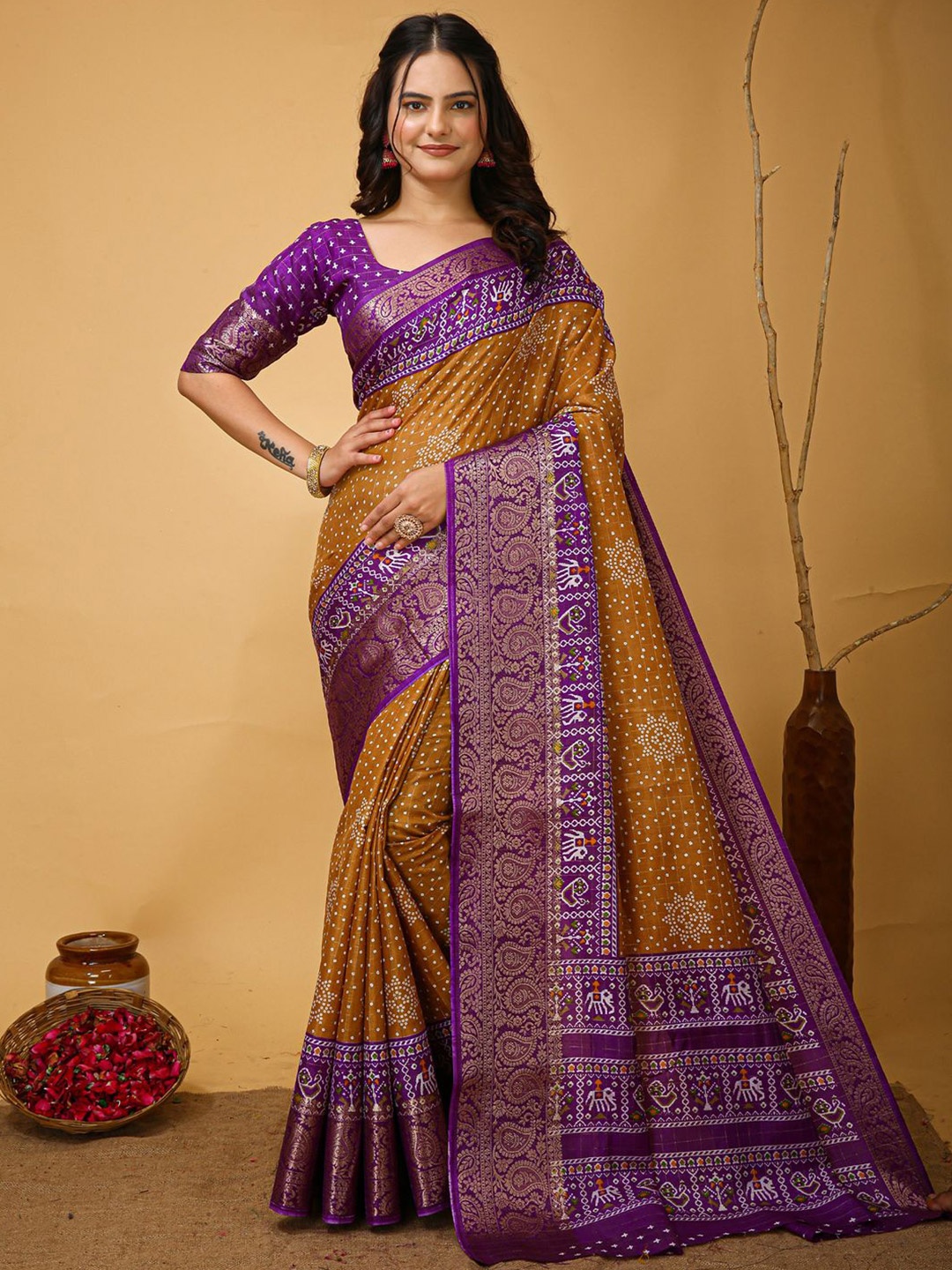 

Anouk Rustic Bandhani Zari Silk Blend Patola Saree, Mustard