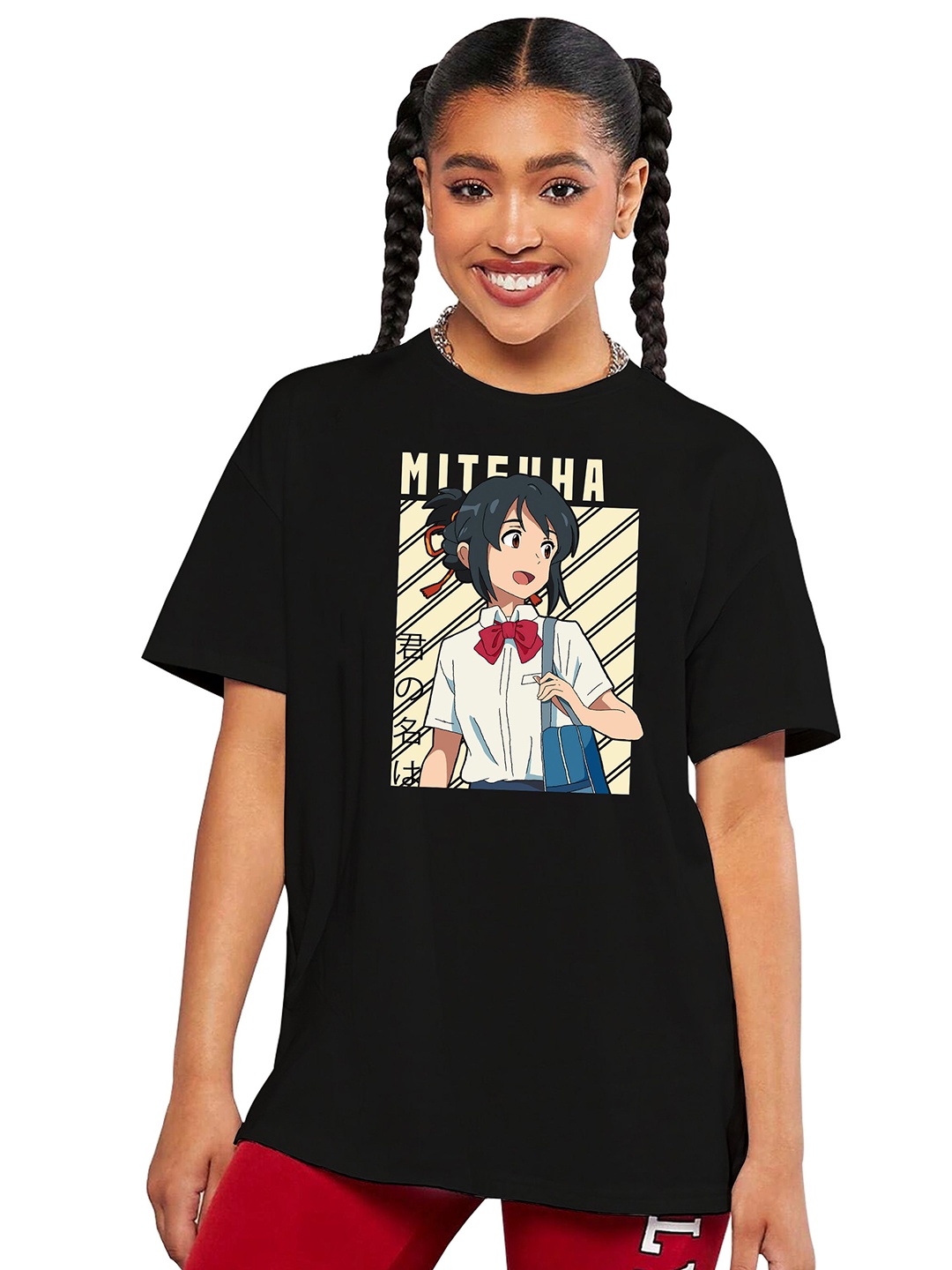 

MODARUE Girls Graphic Printed Round Neck Cotton Oversized T-shirt, Black