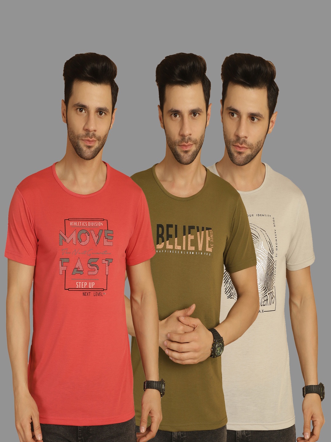 

VIMAL JONNEY Men Pack Of 3 Typography Printed Round Neck Cotton T-shirts, Coral