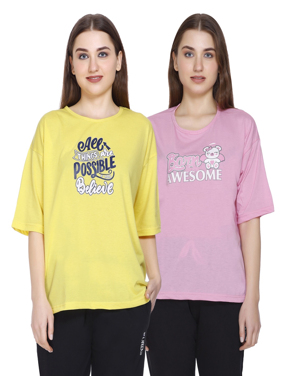 

URBE-URBAN EVOLUTION Women Pack Of 2 Typography Printed Cotton Relaxed Fit T-shirts, Pink