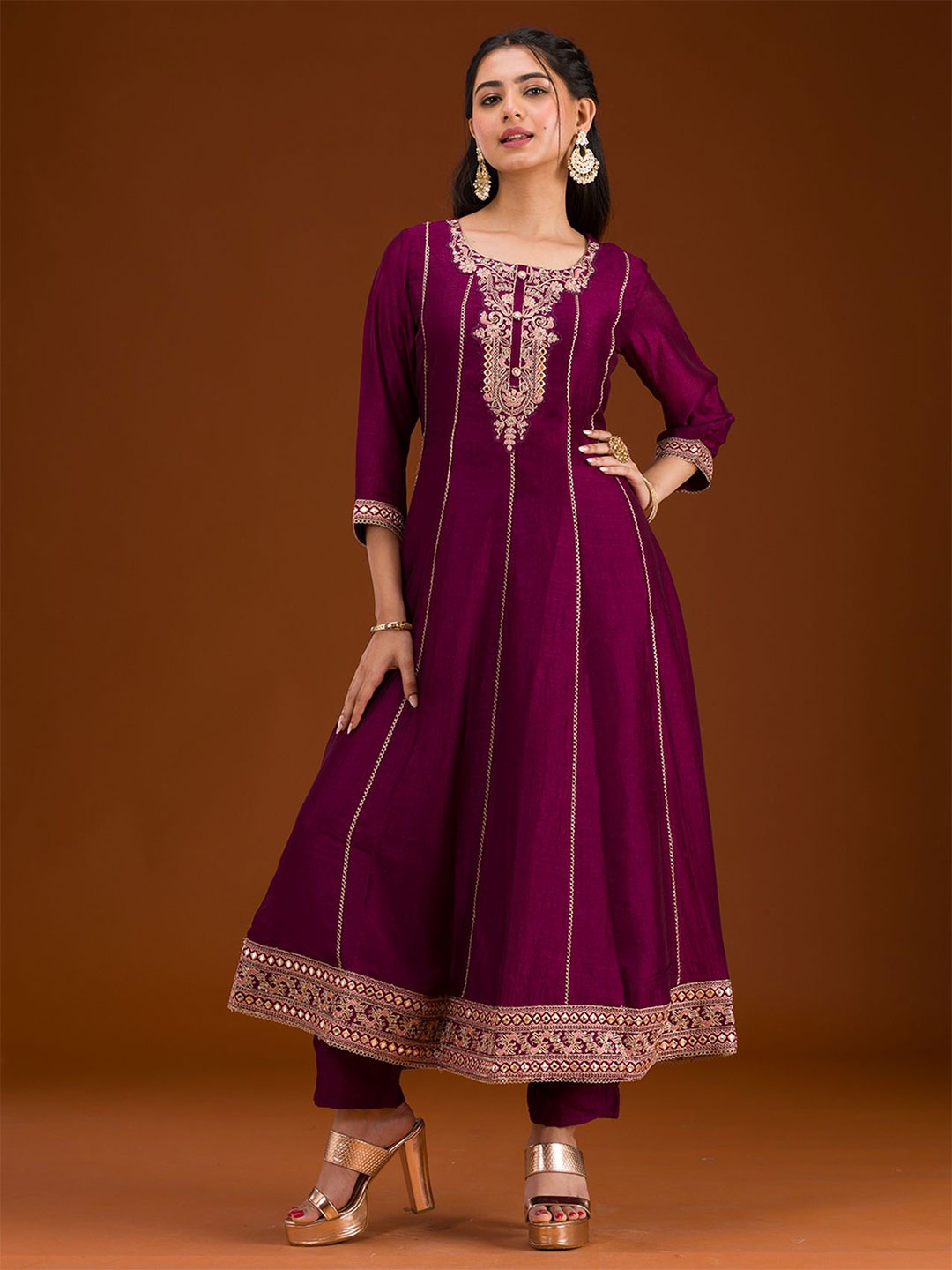 

Koskii Women Floral Embroidered Regular Thread Work Raw Silk Kurta with Trousers & With Dupatta, Burgundy