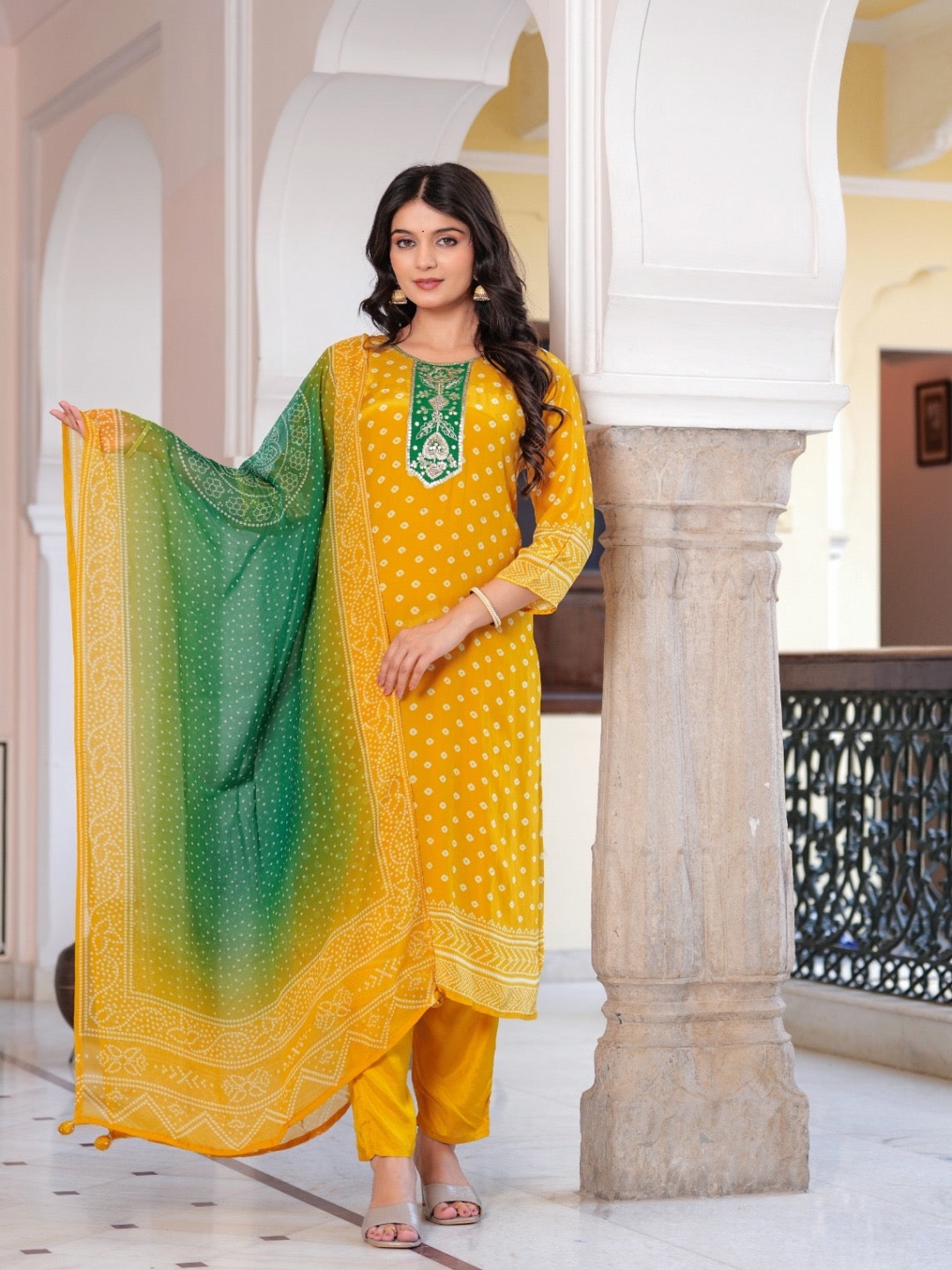 

GoSriKi Bandhani Printed Straight Thread Work Kurta With Trousers And Dupatta, Yellow