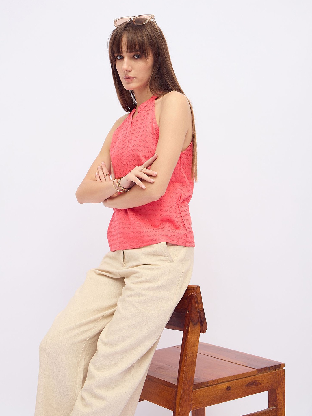 

DressBerry Mandarin Collar Cotton Top, Peach