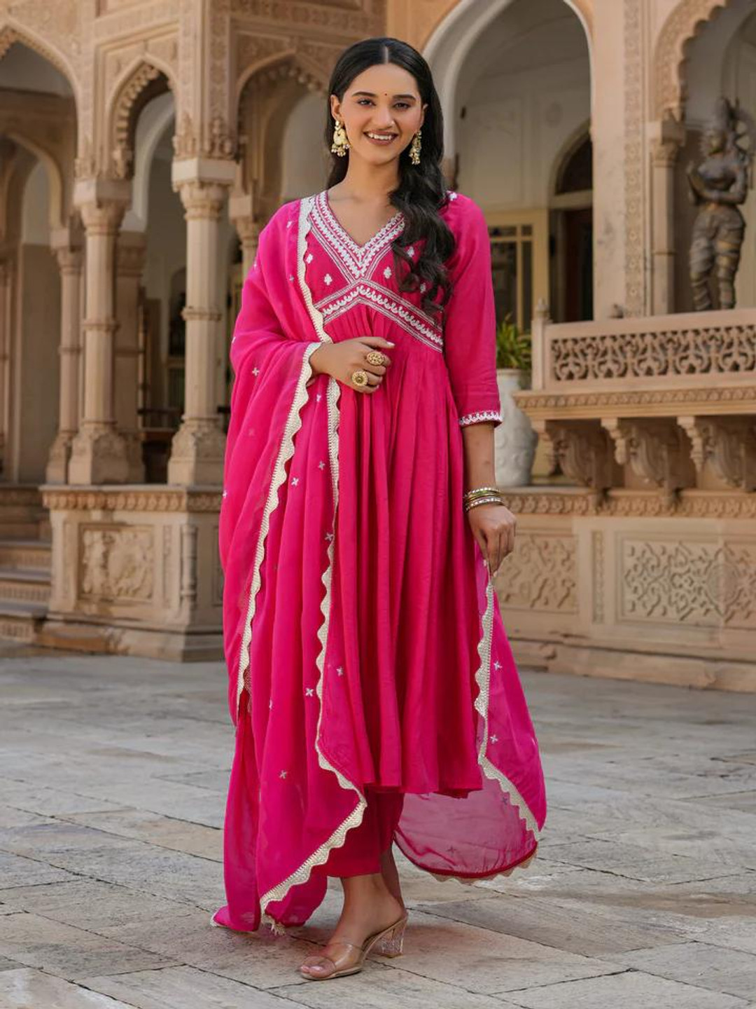 

KALINI Ethnic Motifs Embellished V-Neck Anarkali Kurta With Sharara And Dupatta, Pink