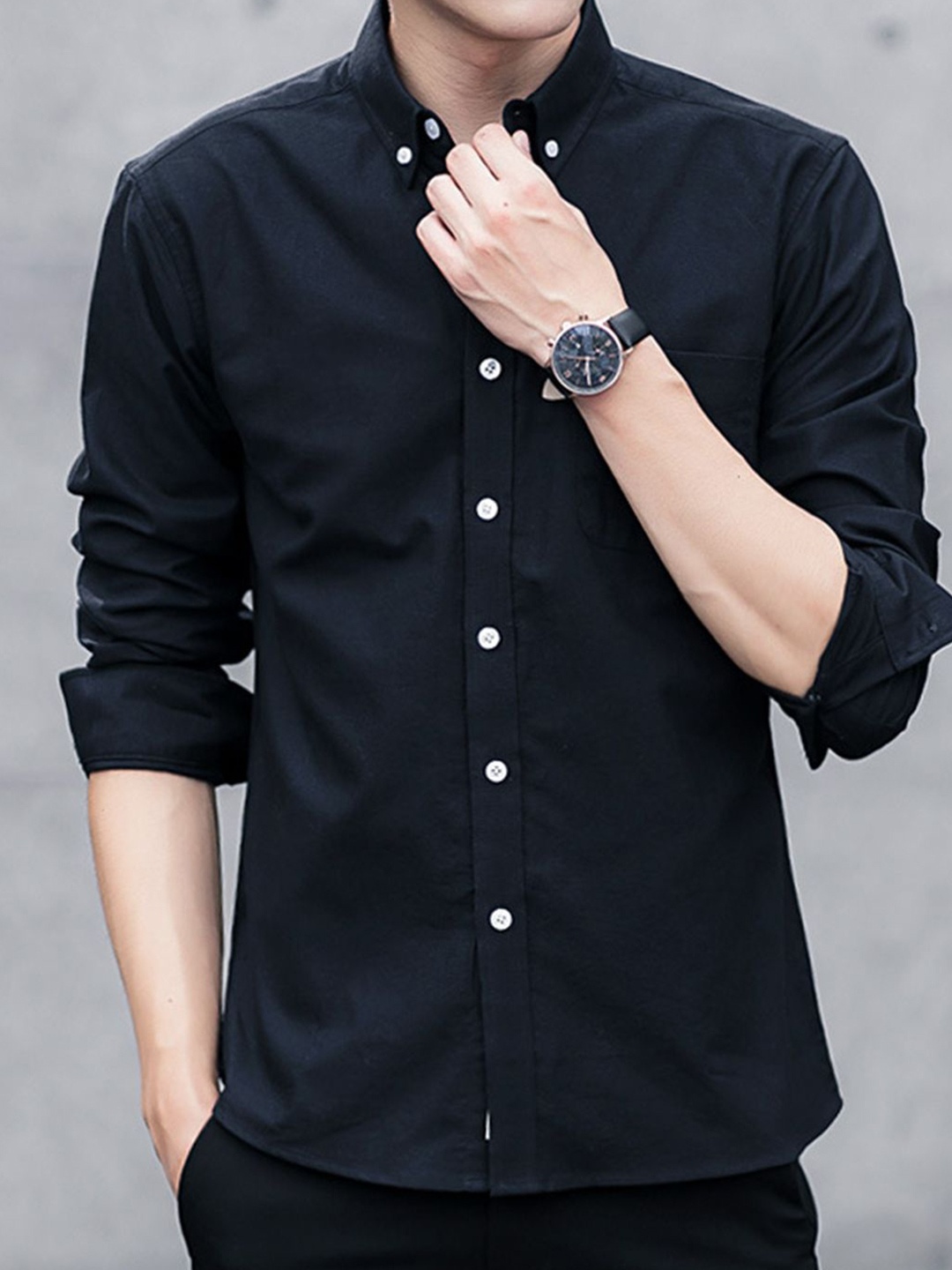 

HERE&NOW Men Slim Fit Button-Down Collar Solid Cotton Casual Shirt, Black