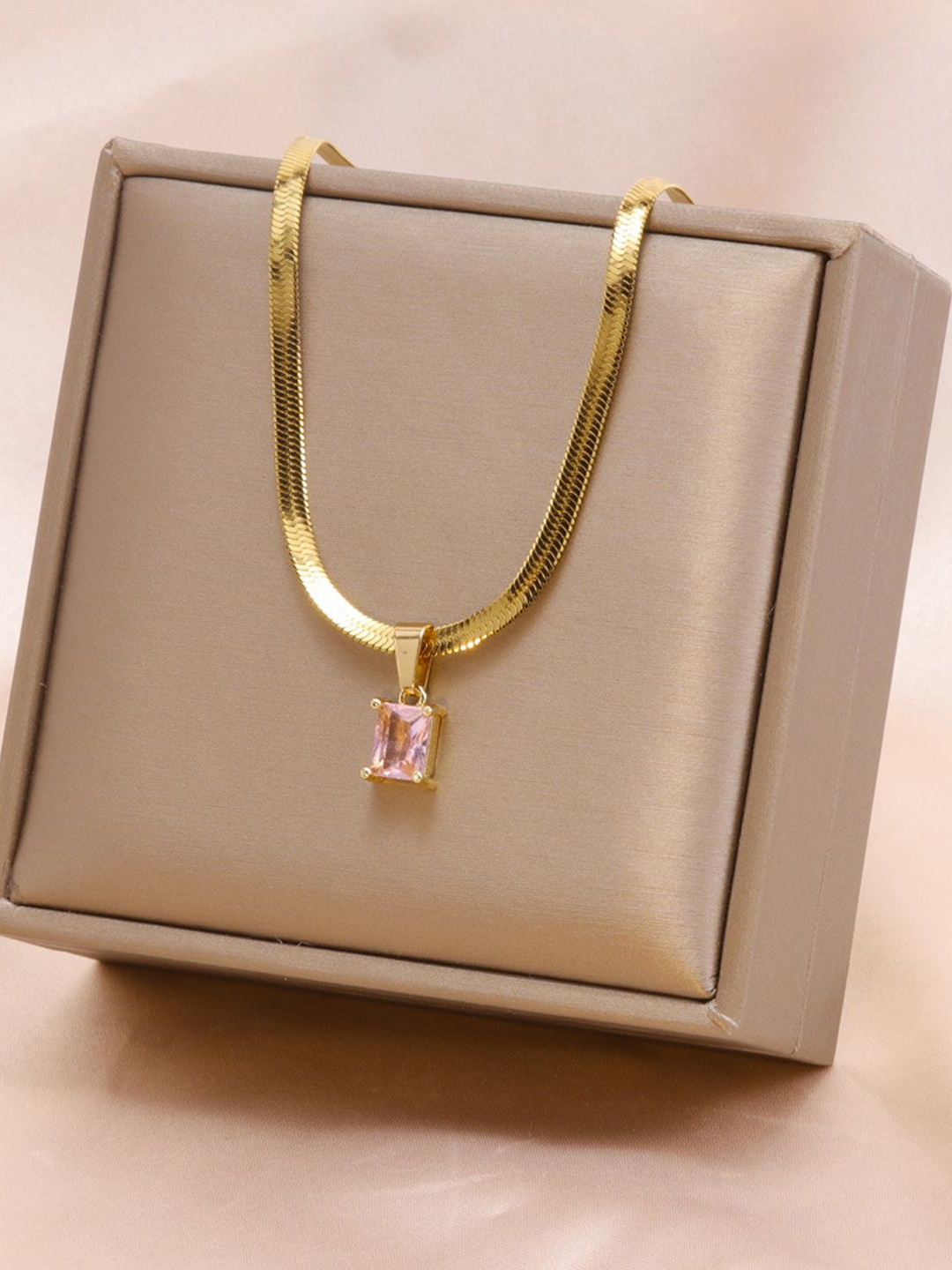 

Just Lil Things Gold-Plated Artificial Stones Studded Square Pendants With Chains