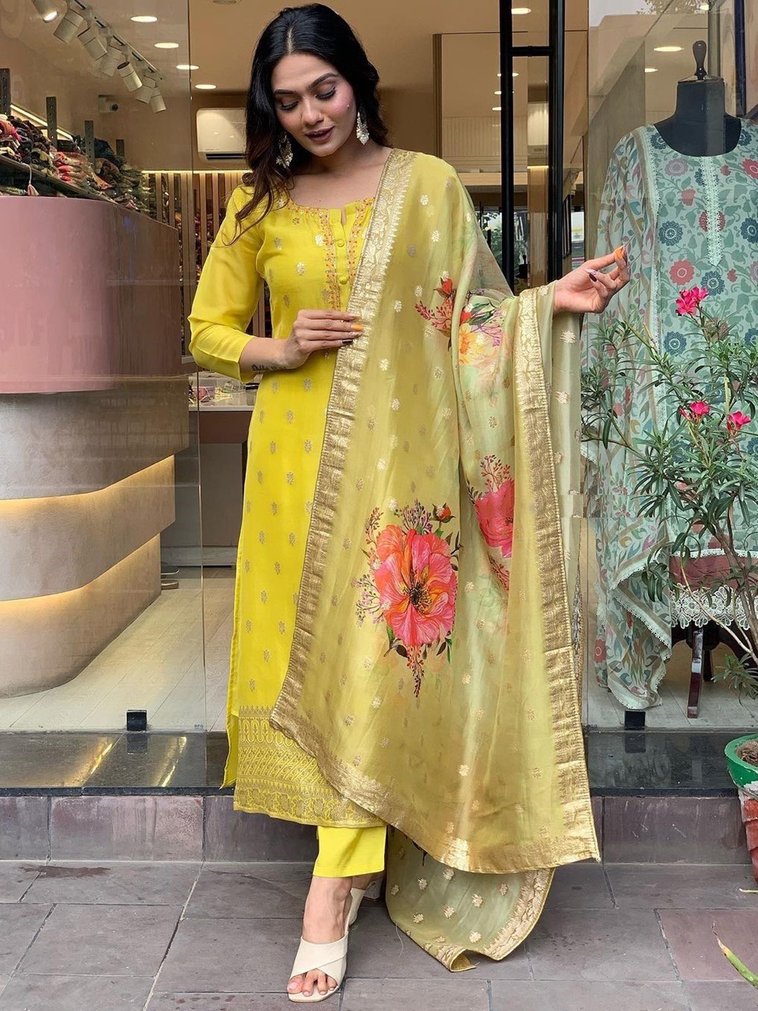 

Moda Rapido Woven Design V-Neck Kurta With Trousers And Dupatta, Yellow