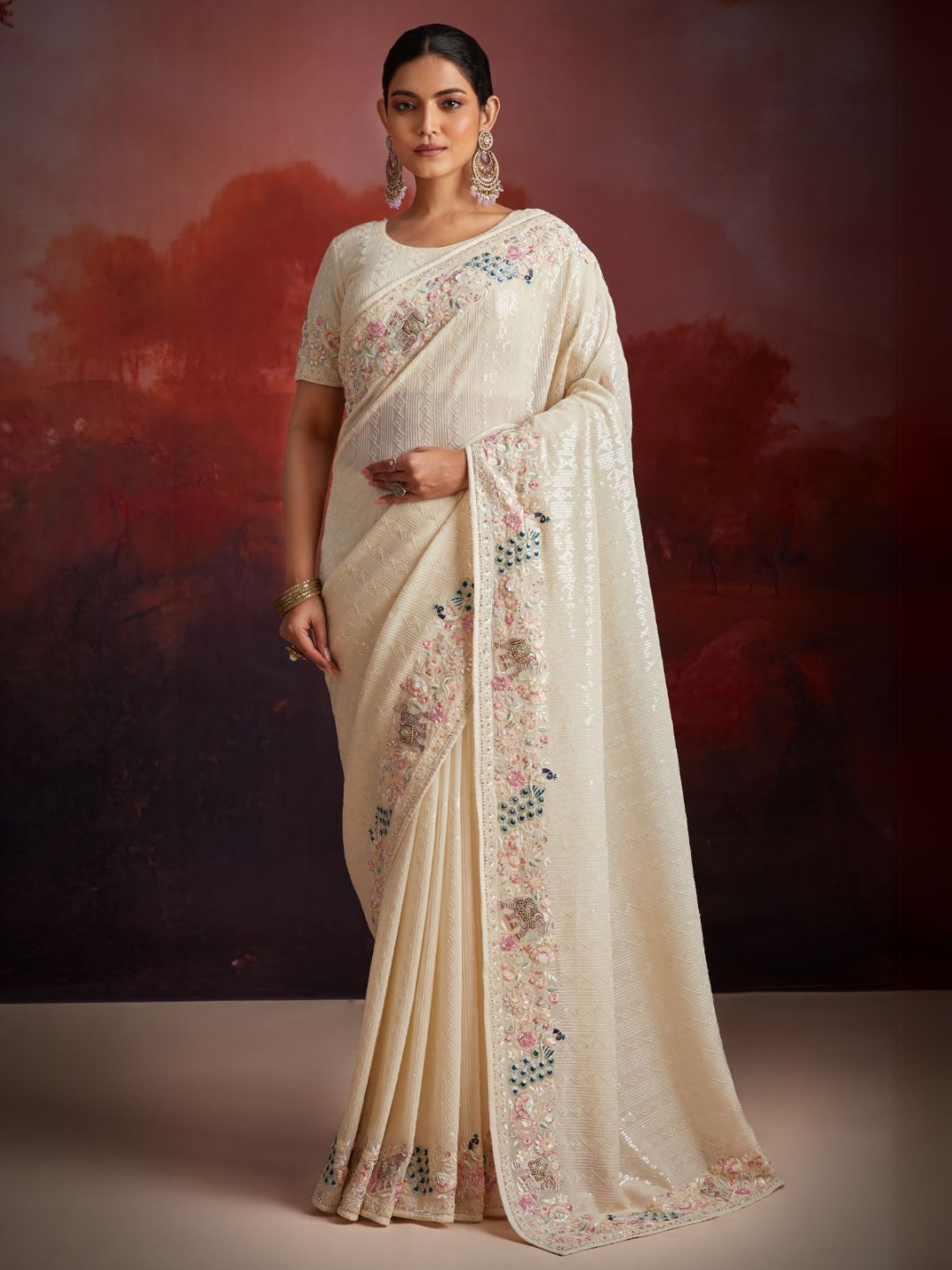 

ODETTE Floral Beads and Stones Poly Georgette Heavy Work Saree, White