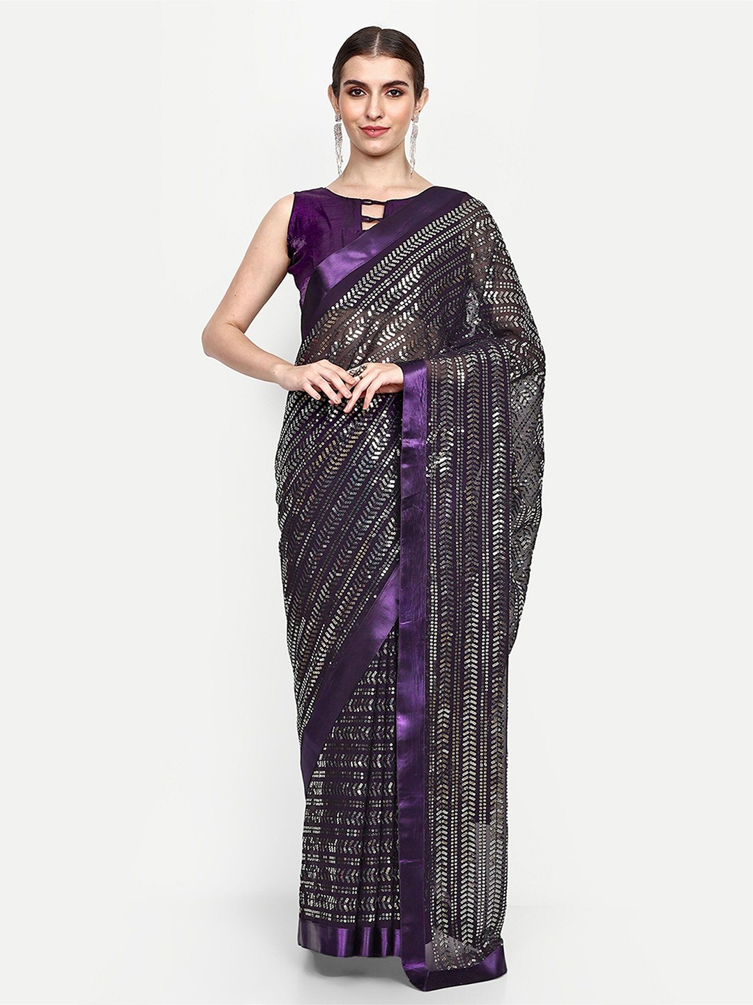 

Moda Rapido Embellished Sequinned Pure Georgette Saree, Purple