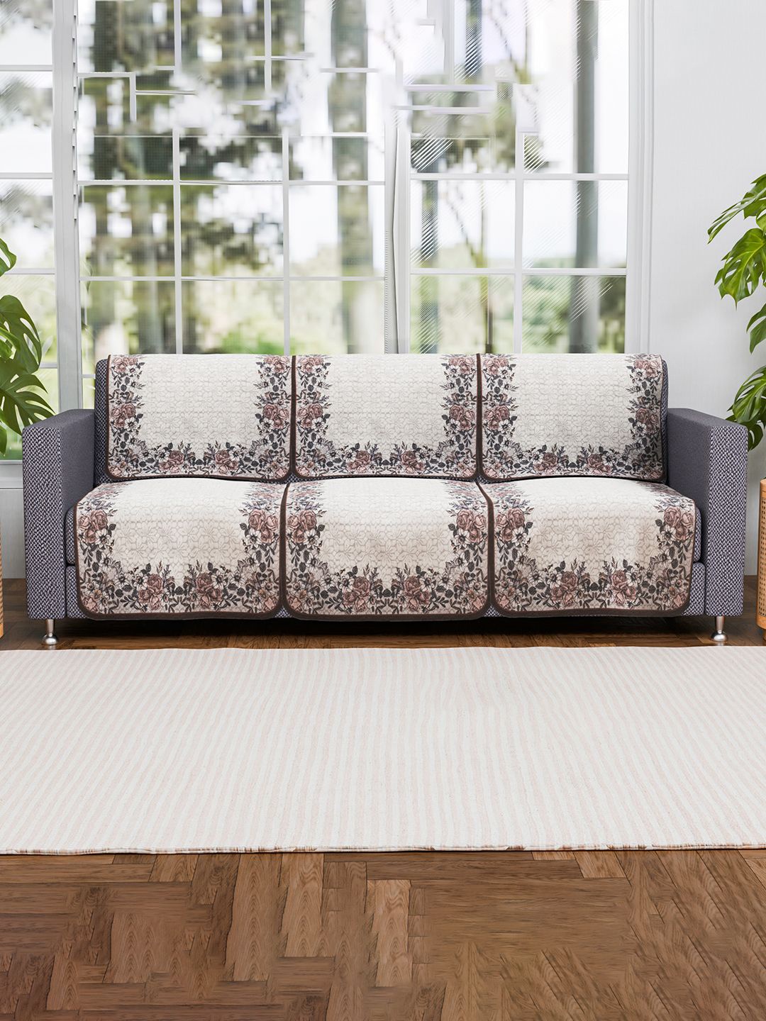 

Kuber Industries Cream-Coloured & Brown 6 Pieces Printed Cotton 3 Seater Sofa Covers