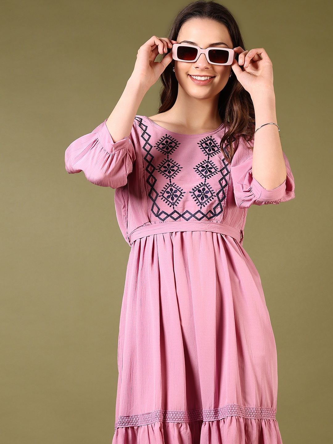 

V-Mart Women Cotton Puff Sleeves Midi Dress, Pink