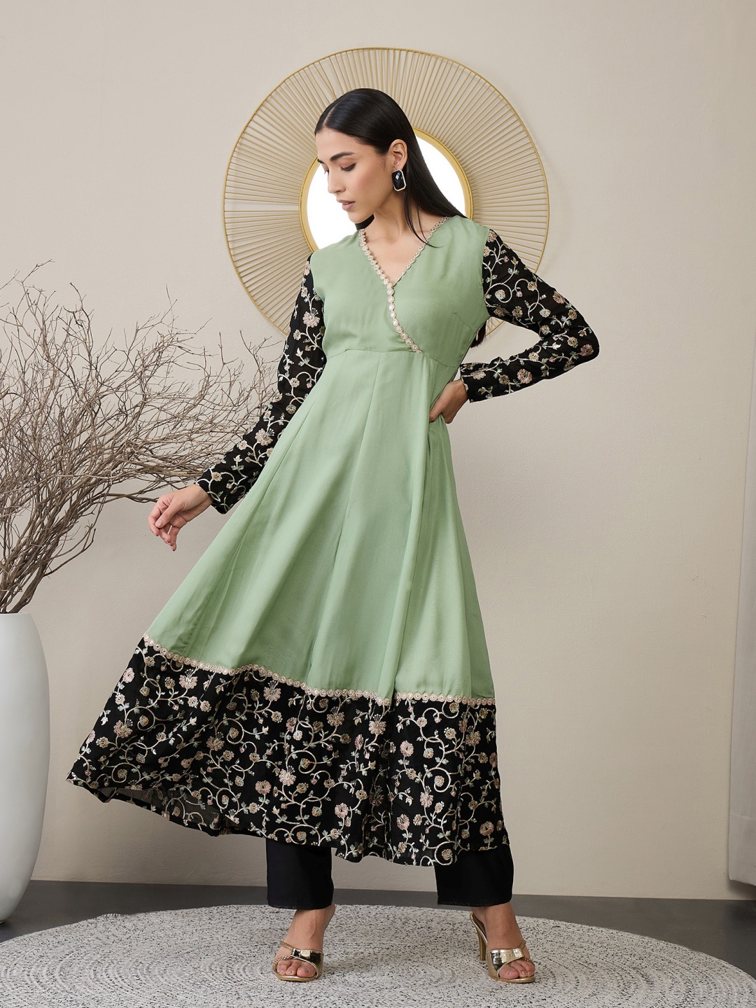 

ADORNIA V-Neck Embroidered Angrakha Georgette Anarkali Kurta With Trouser And Dupatta, Green