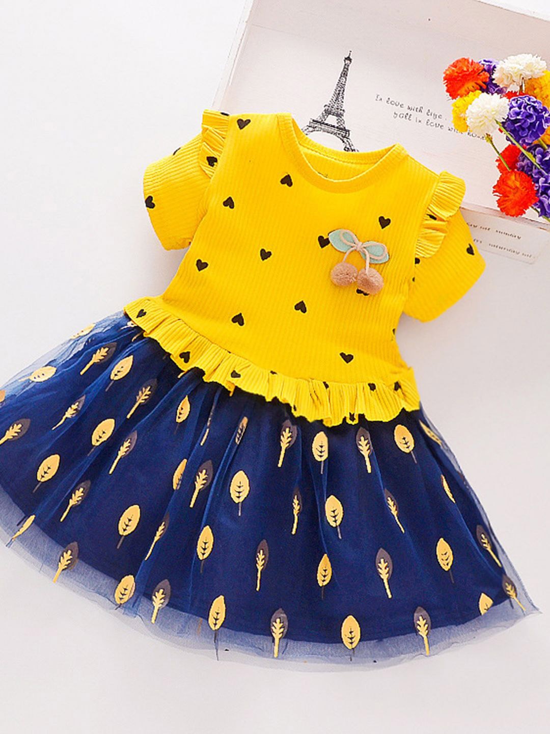 

YK Girls Heart Printed Fit & Flare Dress, Yellow