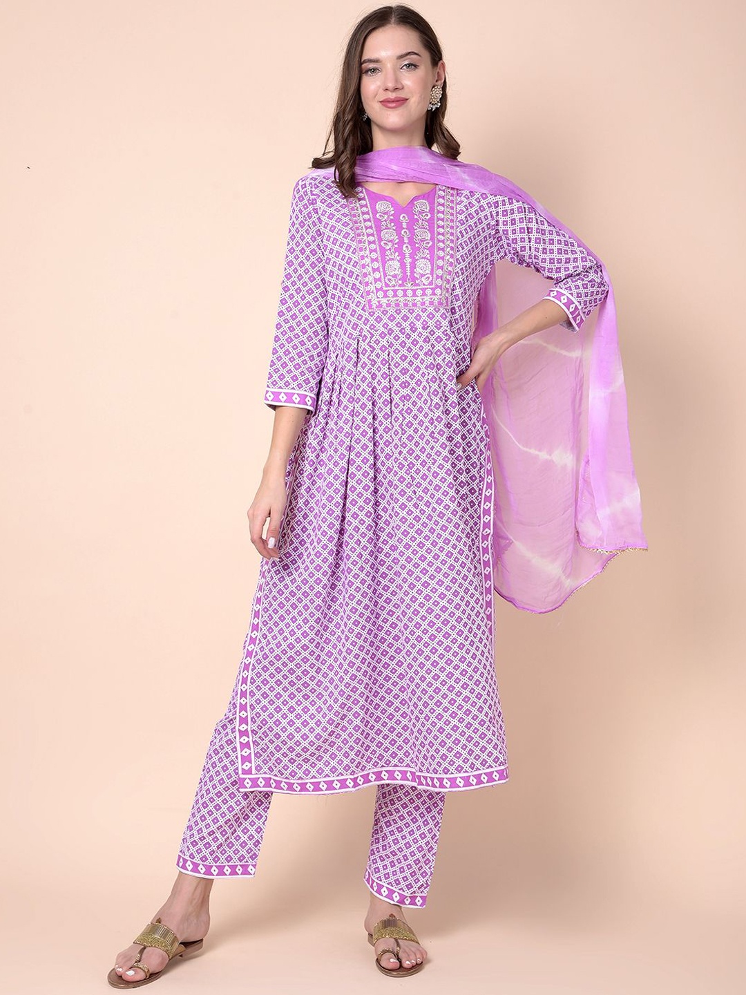

Moda Rapido Women Bandhani Embroidered Regular Thread Work Kurta with Trousers & With Dupatta, Purple