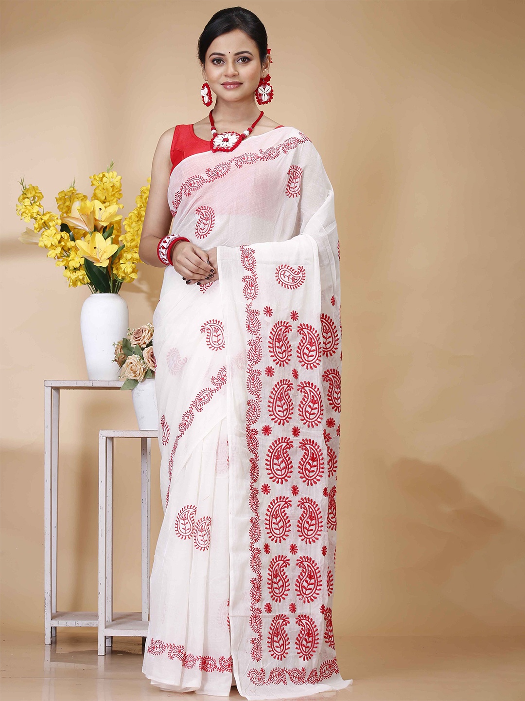 

SRILOK Paisley Pure Cotton Khadi Saree, White