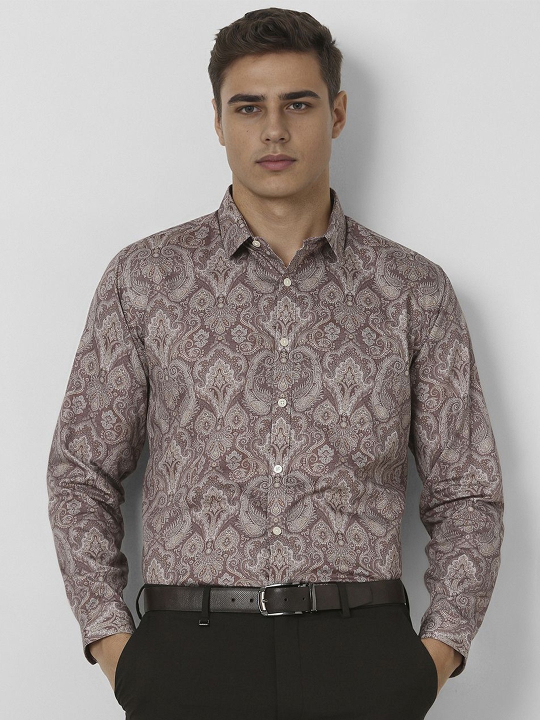 

V Dot Men Spread Collar Ethnic Motifs Printed Cotton Formal Shirt, Brown