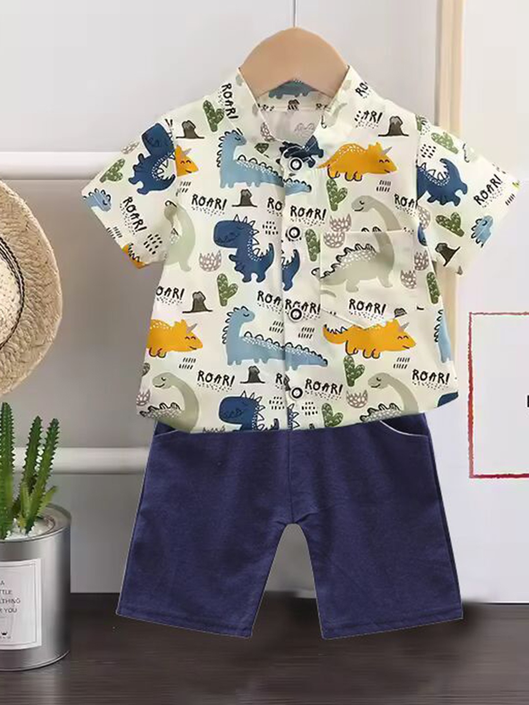 

DANGAR Kids Printed Mandarin Collar Shirt With Shorts, Off white