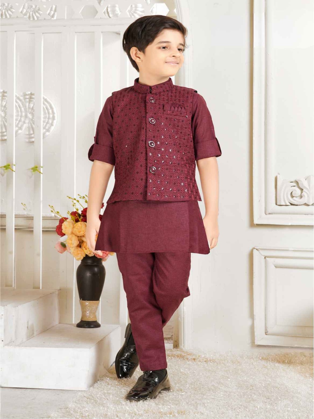 

Lagorii Boys Pure Silk Sequinned Straight Kurta With Trousers & Embroidered Waist Coat, Maroon