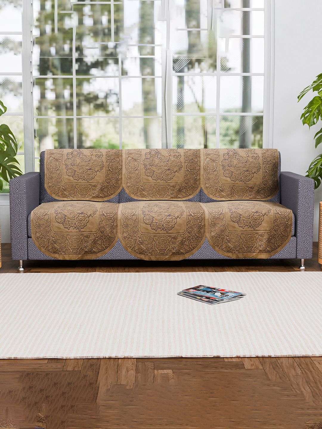 

Kuber Industries Gold-Toned Set of 6 Floral Pure Cotton Three Seater Sofa Covers
