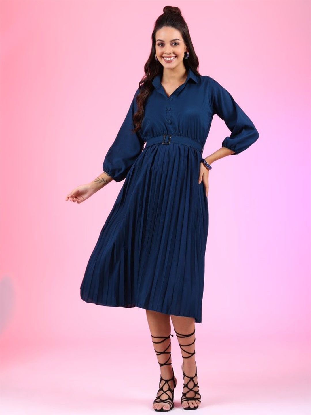 

Vastani Enterprise Shirt Collar Crepe Pleated Fit & Flare Dress, Blue