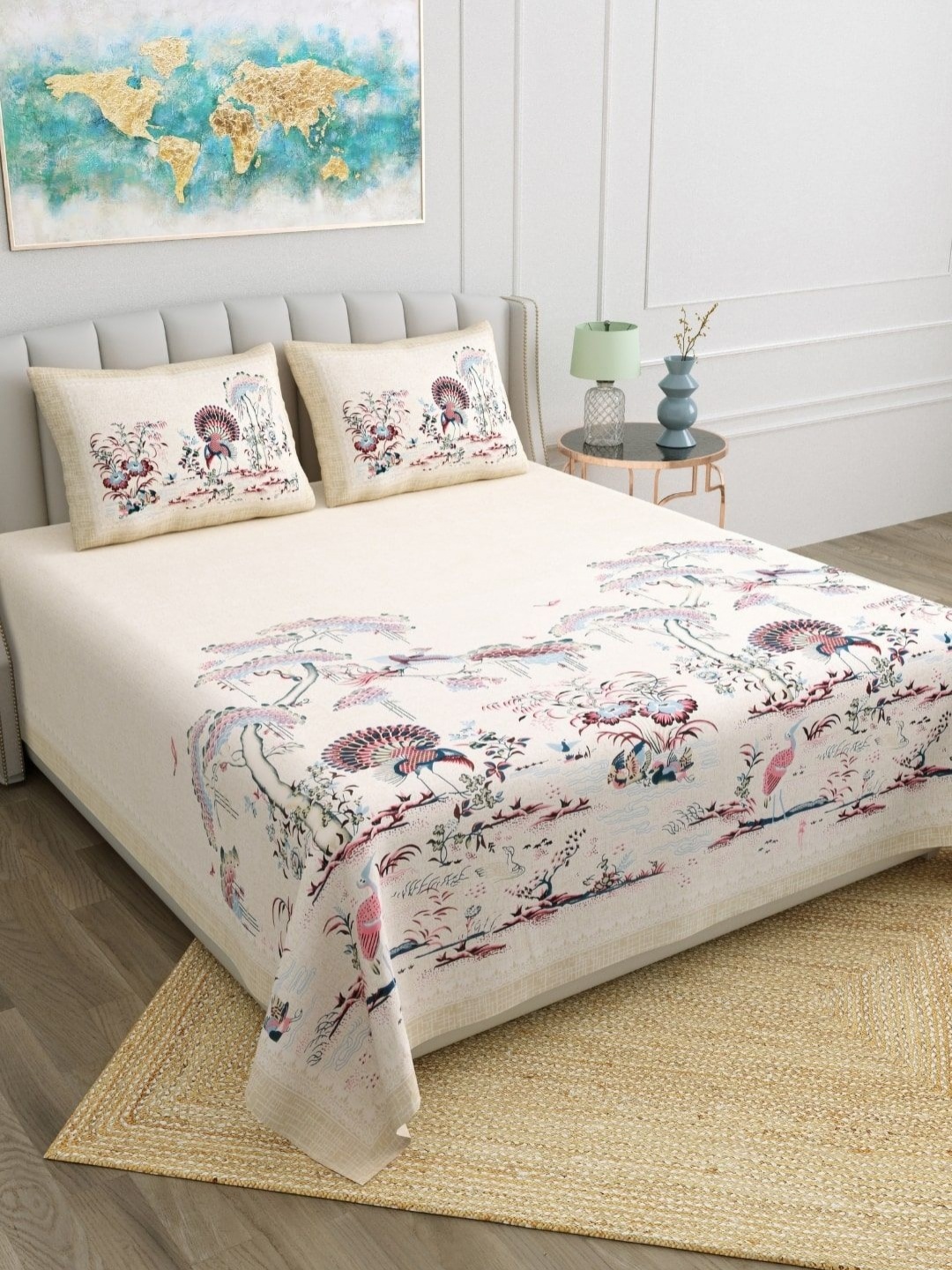 

JAIPUR FABRIC Blue 180 TC King Bedsheet with 2 Pillow Covers, Cream
