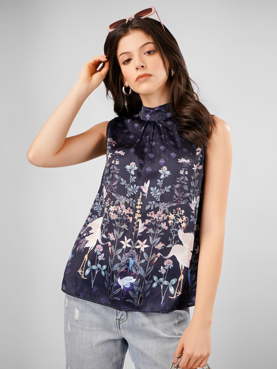 

Sukshat Floral Print Tie-Up Neck Satin Top, Navy blue