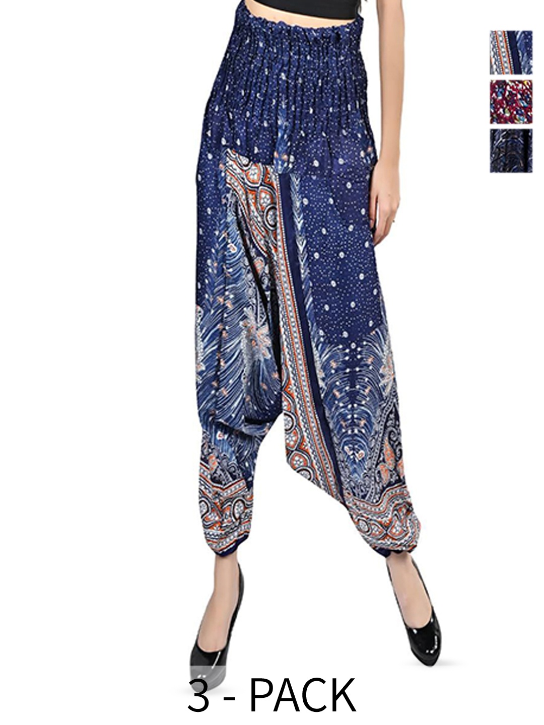 

NarNari Women Pack Of 3 Printed High-Rise Harem Pants, Black