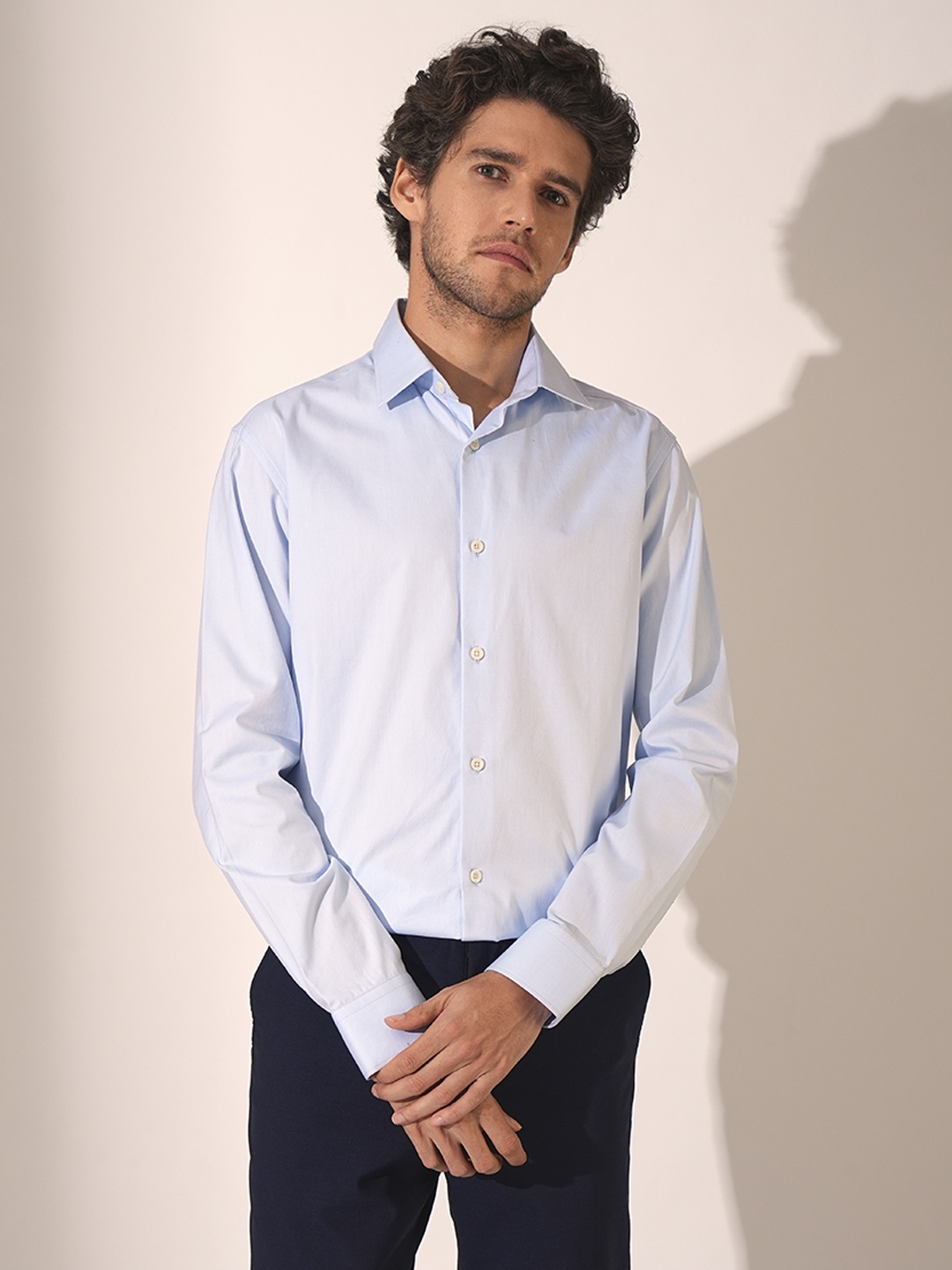 

SELECTED Men Spread Collar Solid Cotton Formal Shirt, Blue