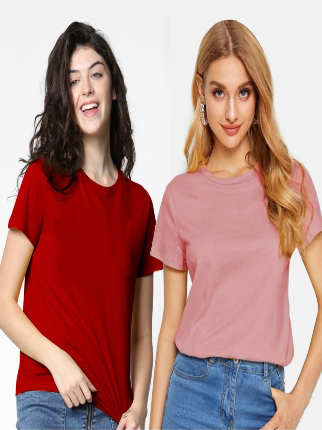 

DEEPMAYRA COLLECTION Women Pack Of 2 Solid Round Neck Cotton T-shirts, Red