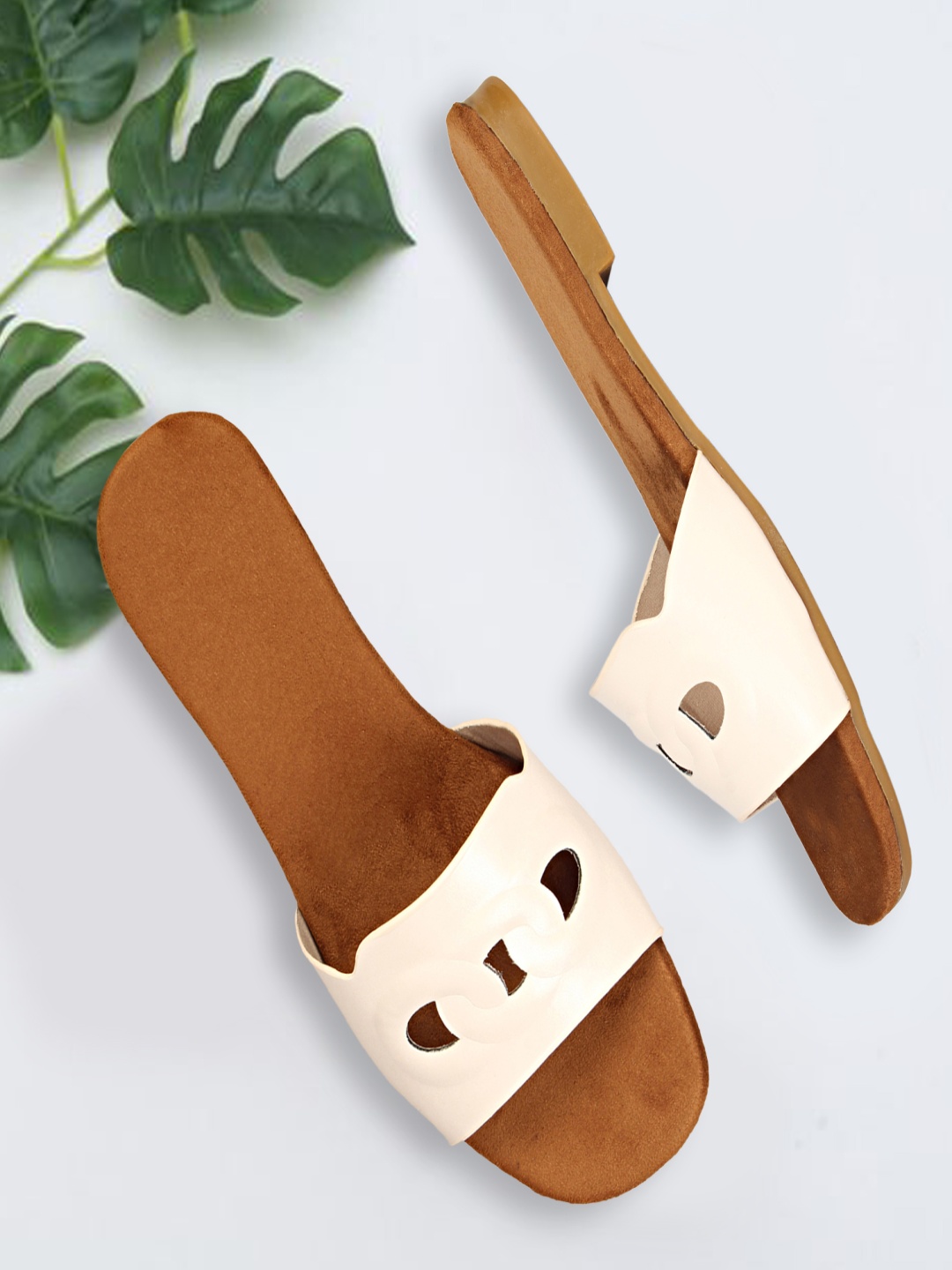 

Commander Shoes Women Open Toe Flats with Laser Cuts, Cream