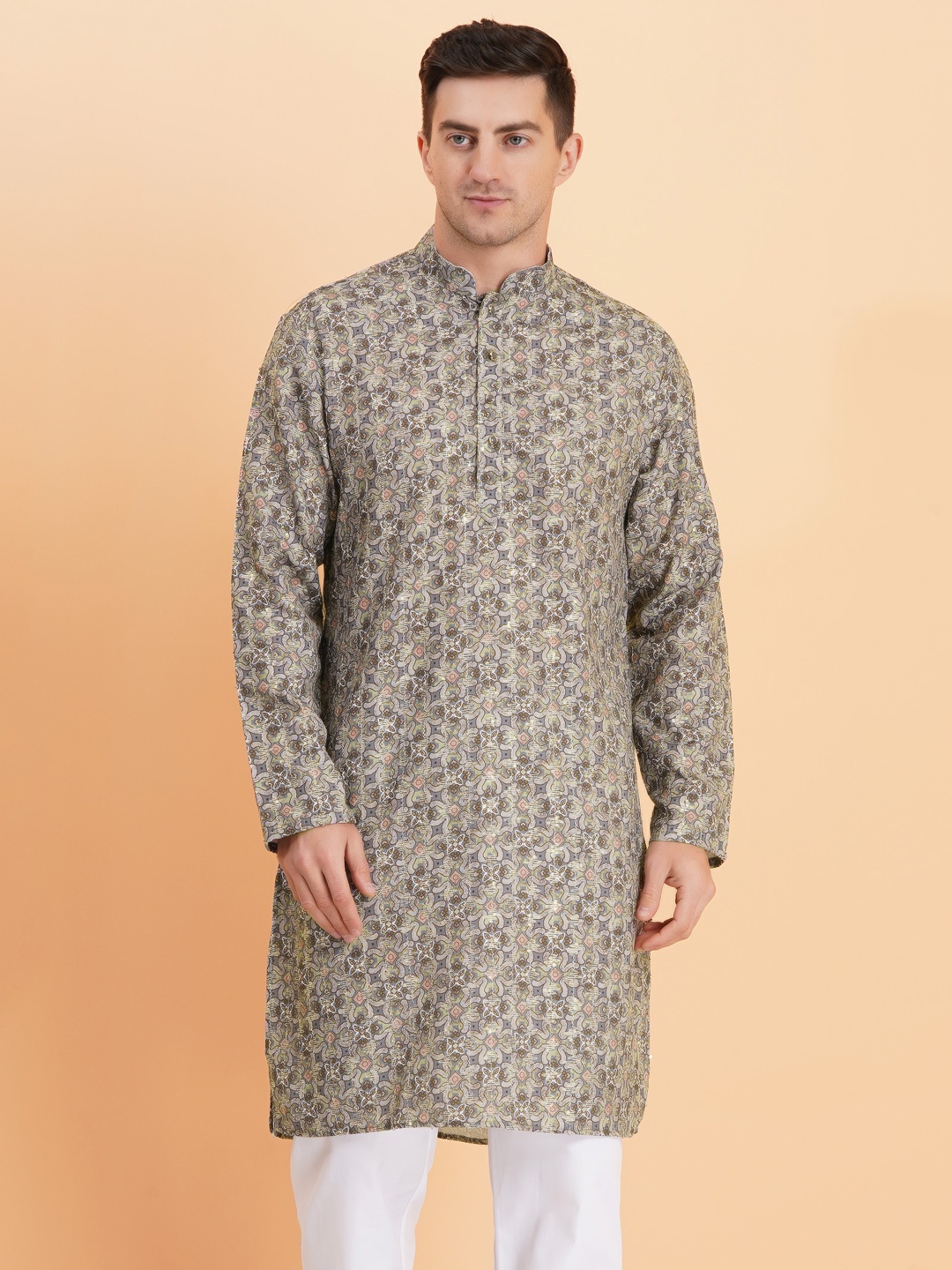 

SG LEMAN Men Ethnic Motif Printed Mandarin Collar Kurta, Grey