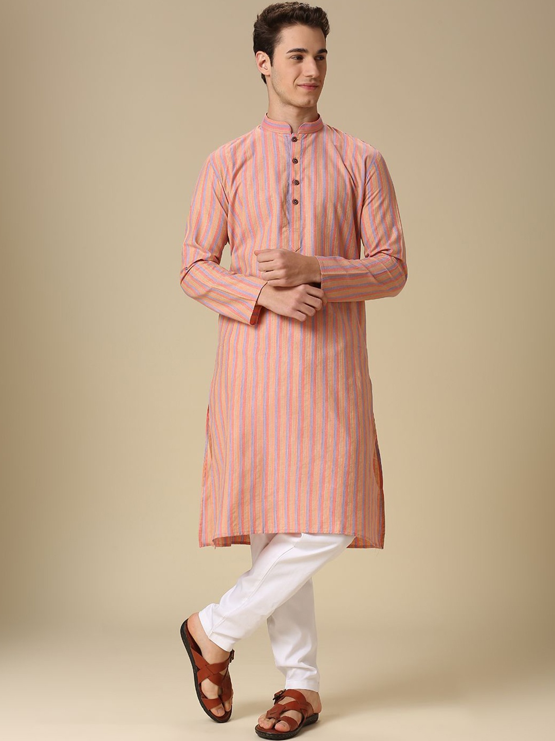 

RAJUBHAI HARGOVINDAS Striped Mandarin Collar Pure Cotton Straight Kurtas, Pink