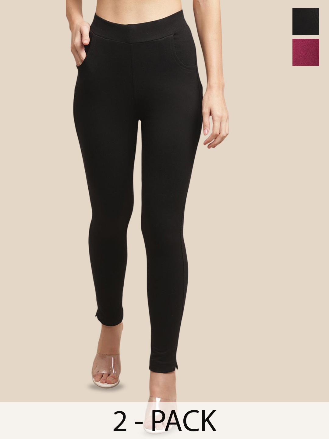 

Valles365 by S.C. Women Pack Of 2 Cotton Ankle-Length Leggings with Pocket, Black