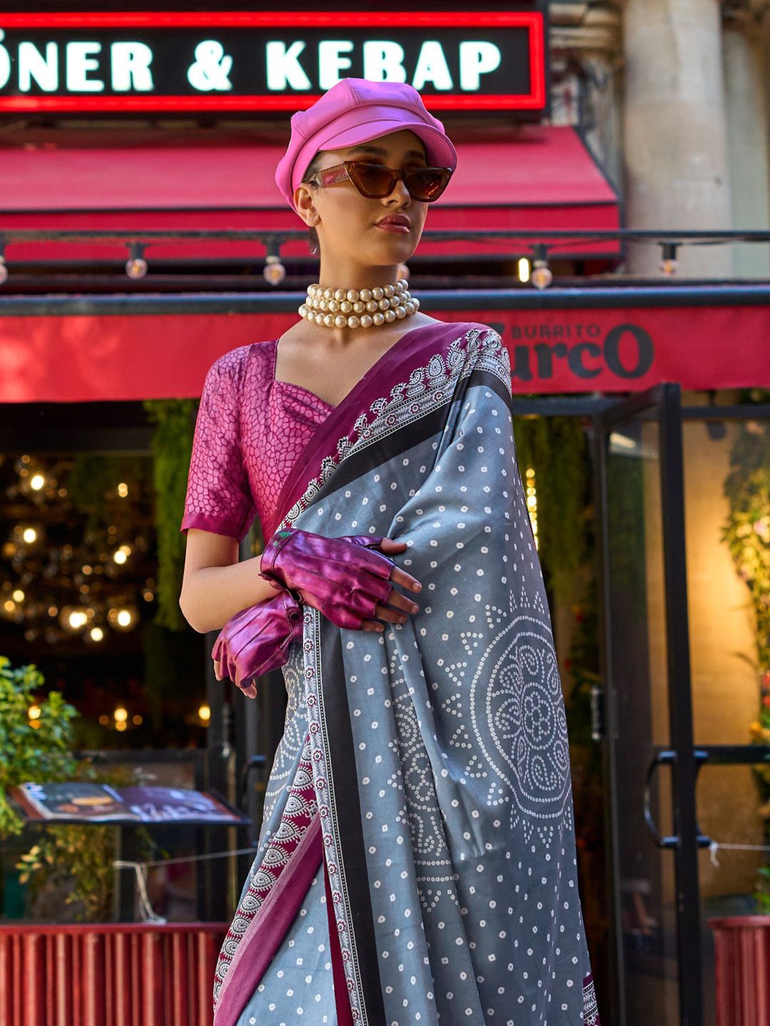 

BLENDIFY Bandhani Satin Saree, Grey