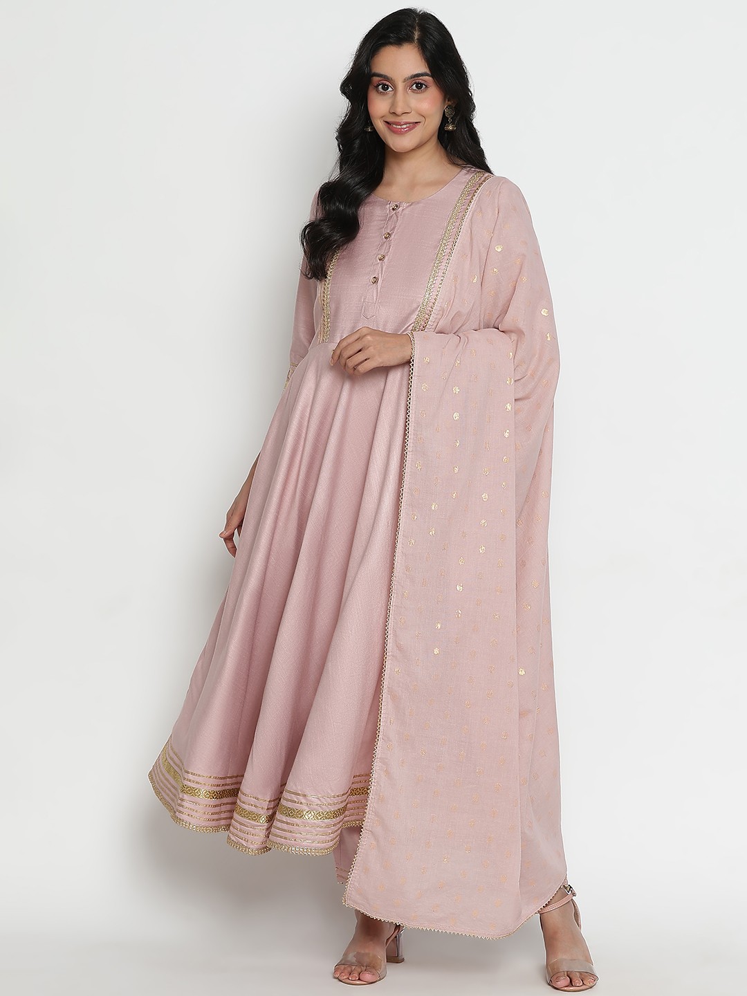 

VEGAL Round Neck Gotta Patti Anarkali Kurta With Trousers And Dupatta, Rose