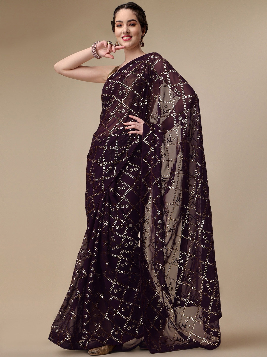 

Moda Rapido Embellished Sequinned Pure Georgette Saree, Purple