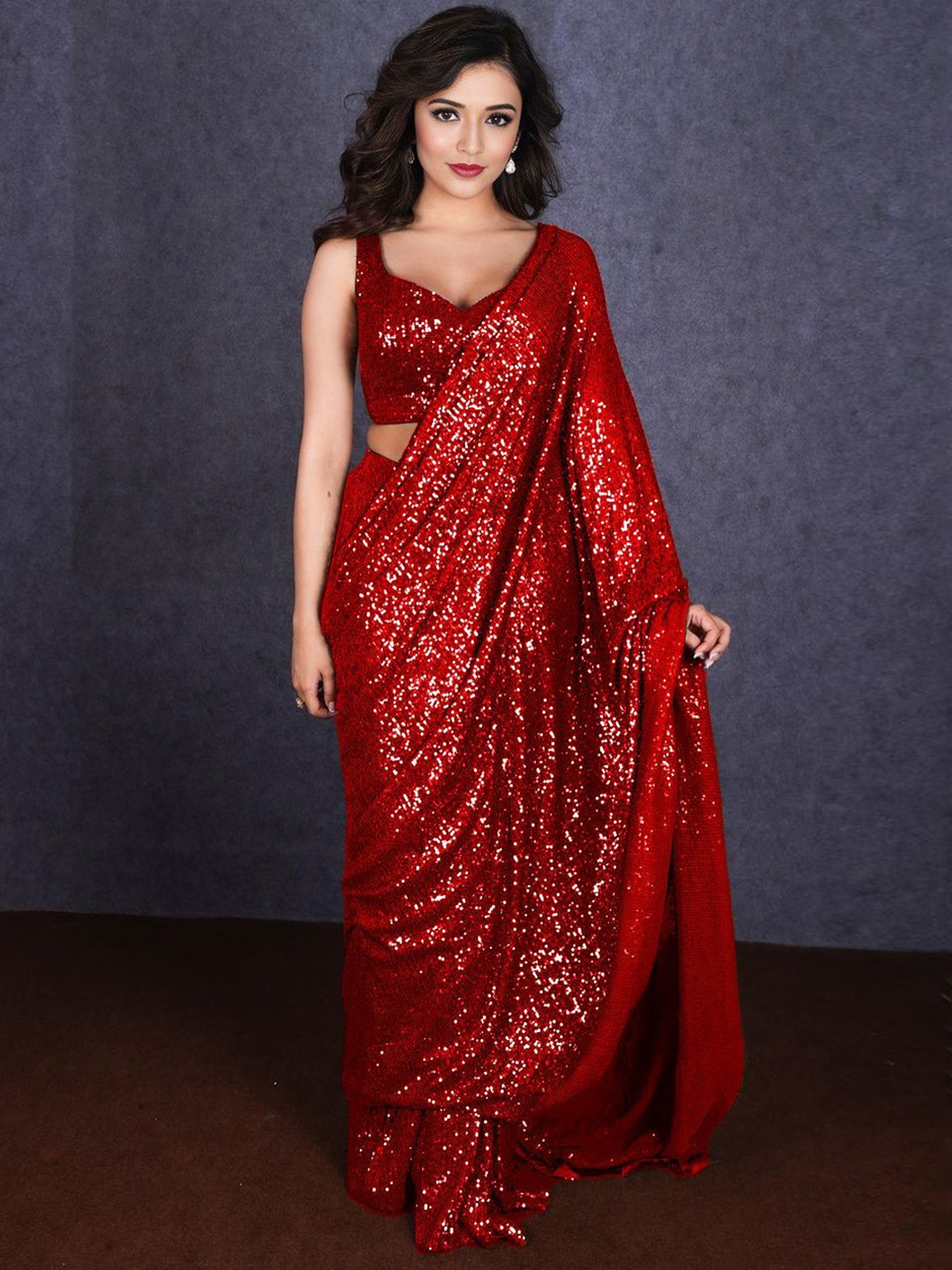 

ANJANI TEXTILE Embellished Sequinned Poly Georgette Saree, Red