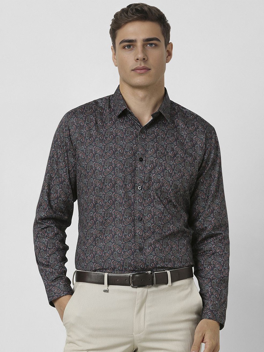 

V Dot Men Spread Collar Ethnic Motifs Printed Cotton Formal Shirt, Olive