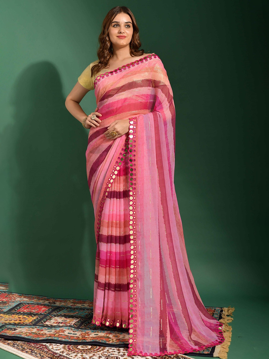 

Moda Rapido Striped Mirror Work Pure Georgette Leheriya Saree, Pink