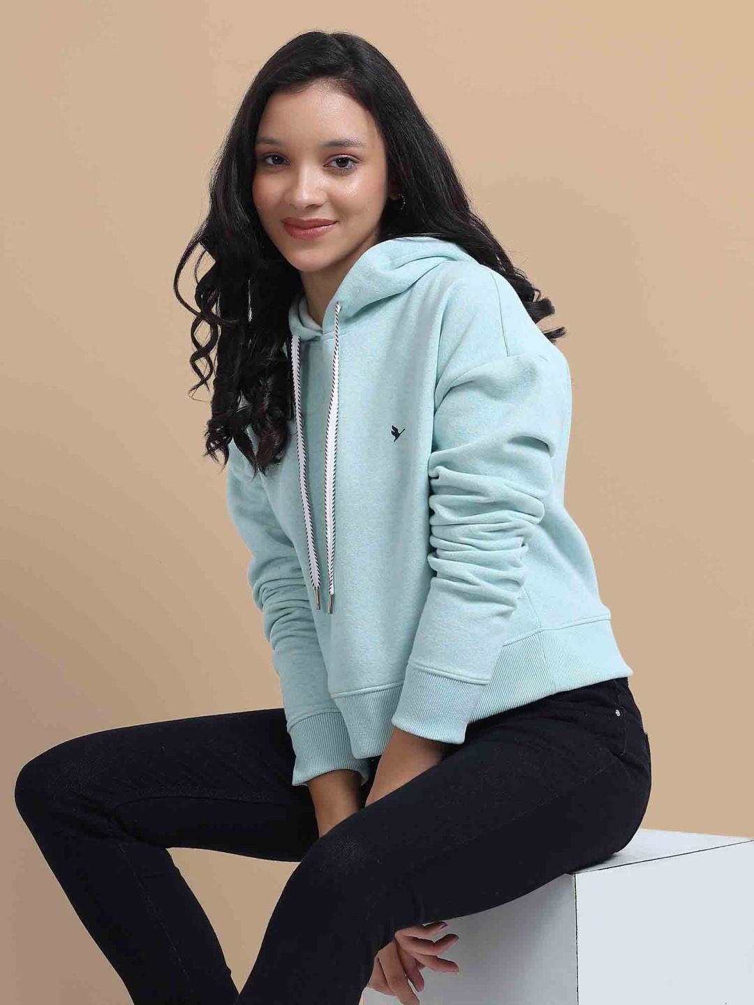 

AMSWAN Women Hooded Cotton Crop Pullover Sweatshirt, Turquoise blue