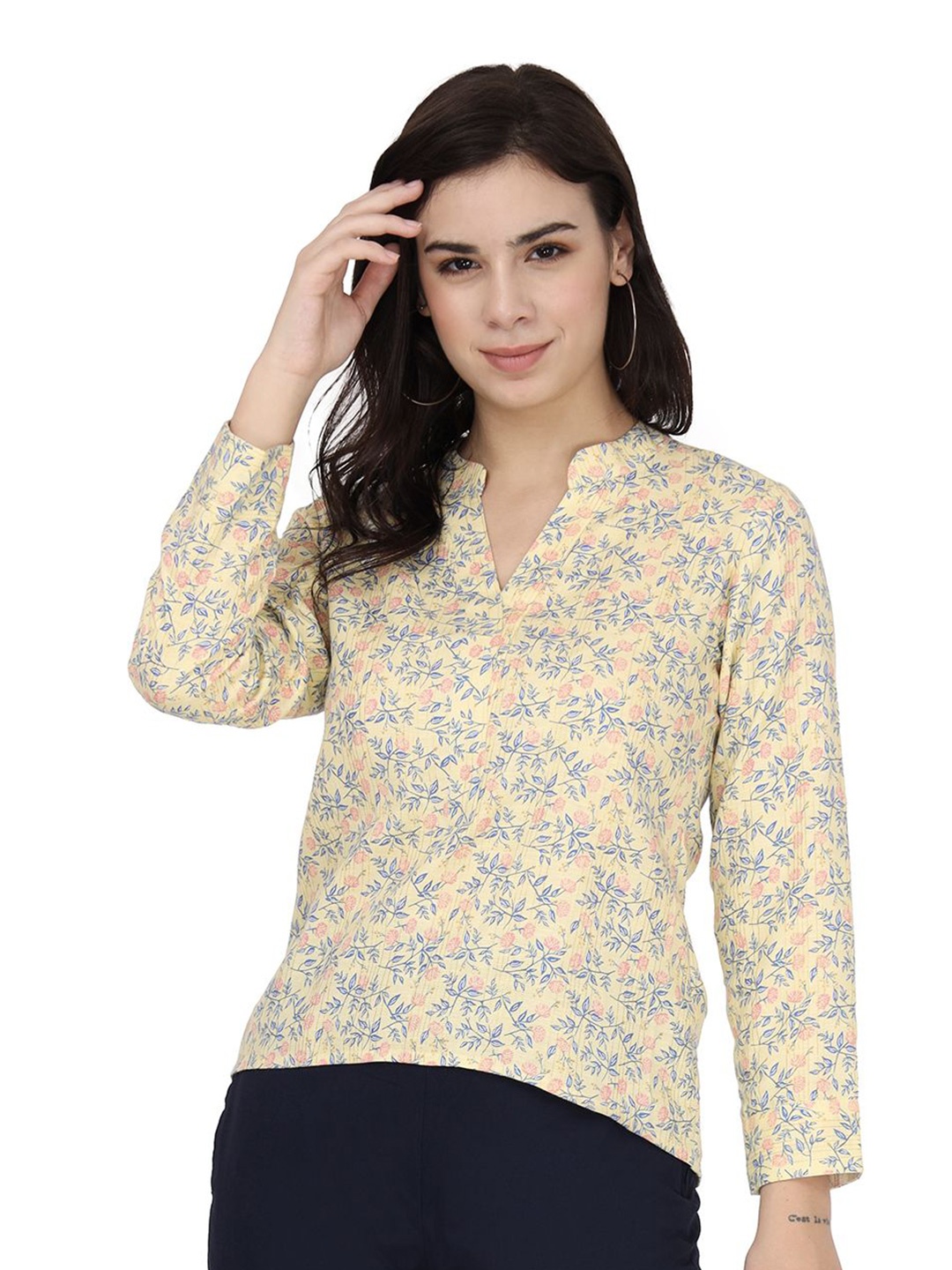 

PRIDEWEAR Women Floral Printed Pure Cotton High-Low Top, Yellow