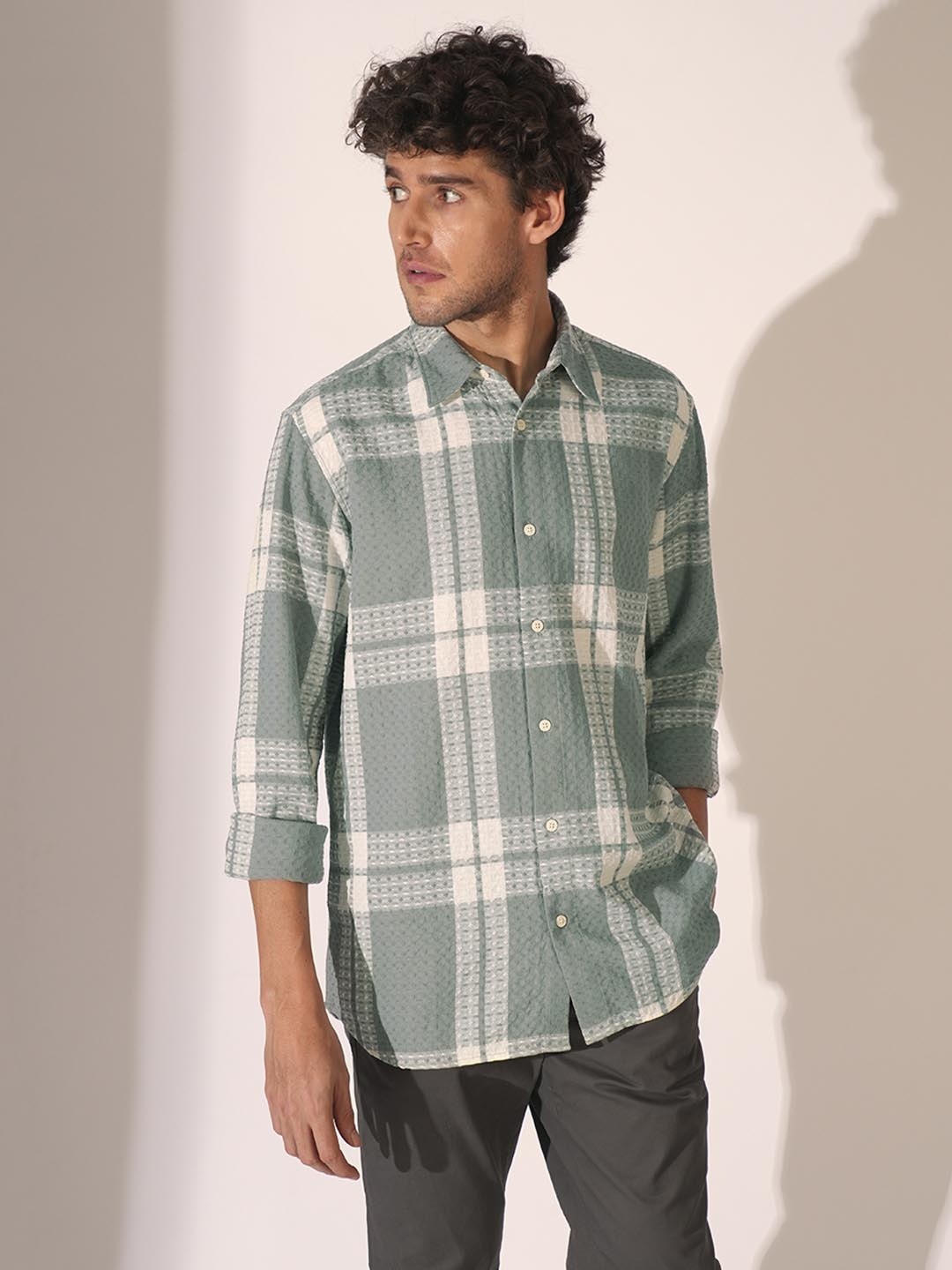 

SELECTED Men Spread Collar Tartan Checked Cotton Casual Shirt, Sea green